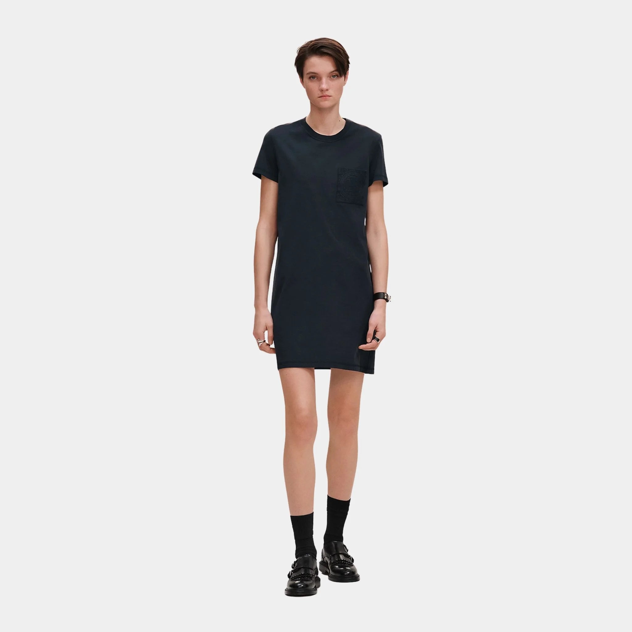 Hermes Embroidered Pocket Dress in Plain Cotton Jersey, Bleu Noir, Front