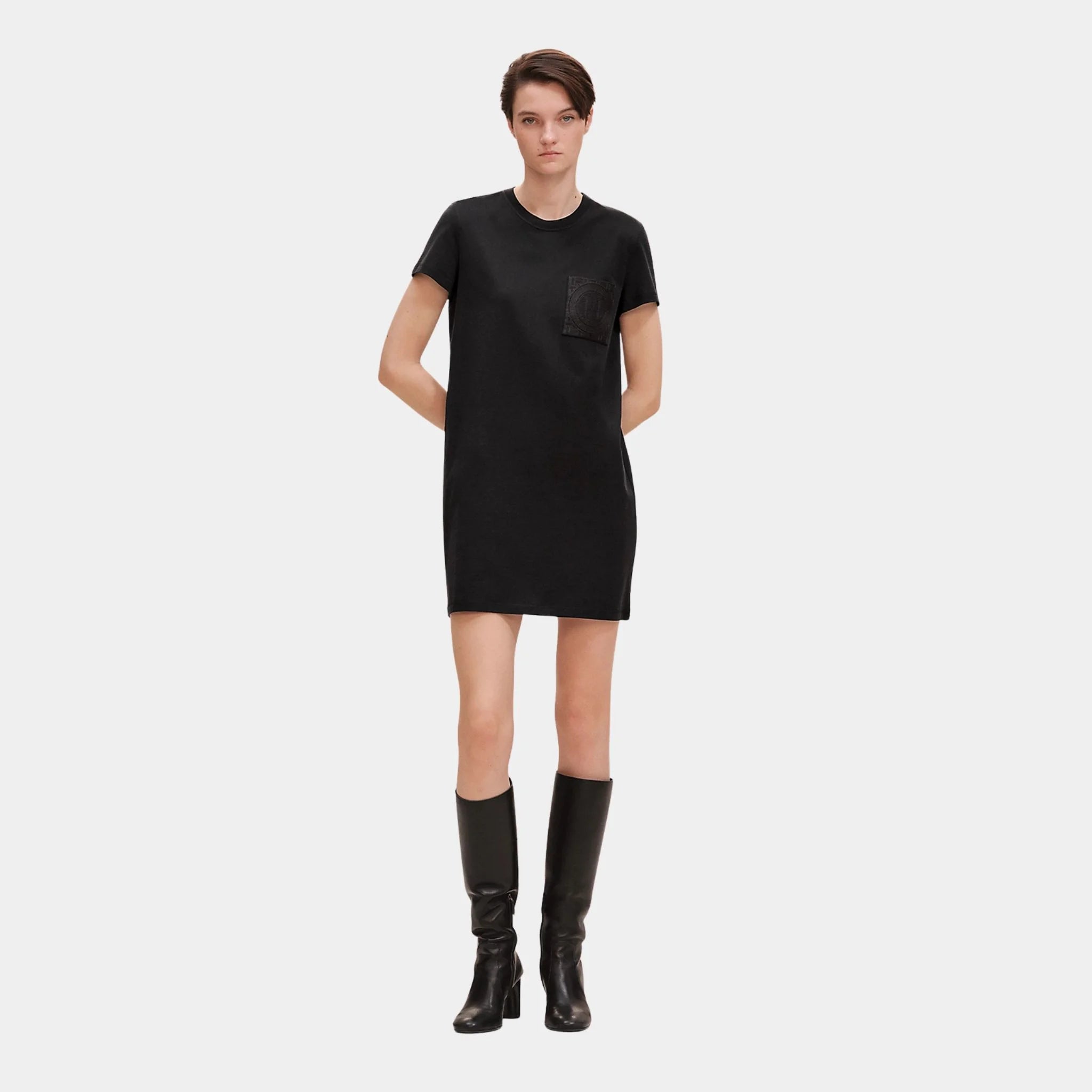 Hermes Embroidered Pocket Dress in Plain Cotton Jersey, Noir, Front