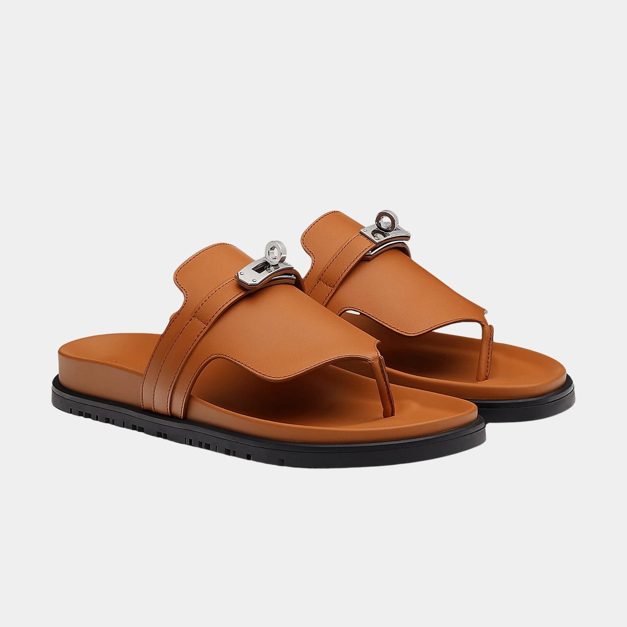 Hermes Empire Sandal Calfskin Palladium Plated Buckle, Marron Glaise, Front
