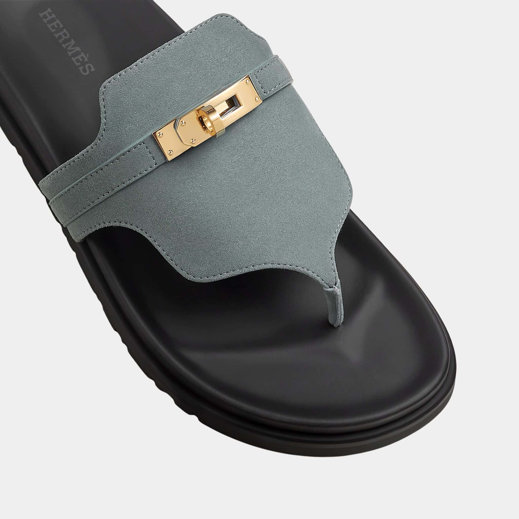 Hermes Empire Sandals in Suede Goatskin, Bleu Tonnere, Top