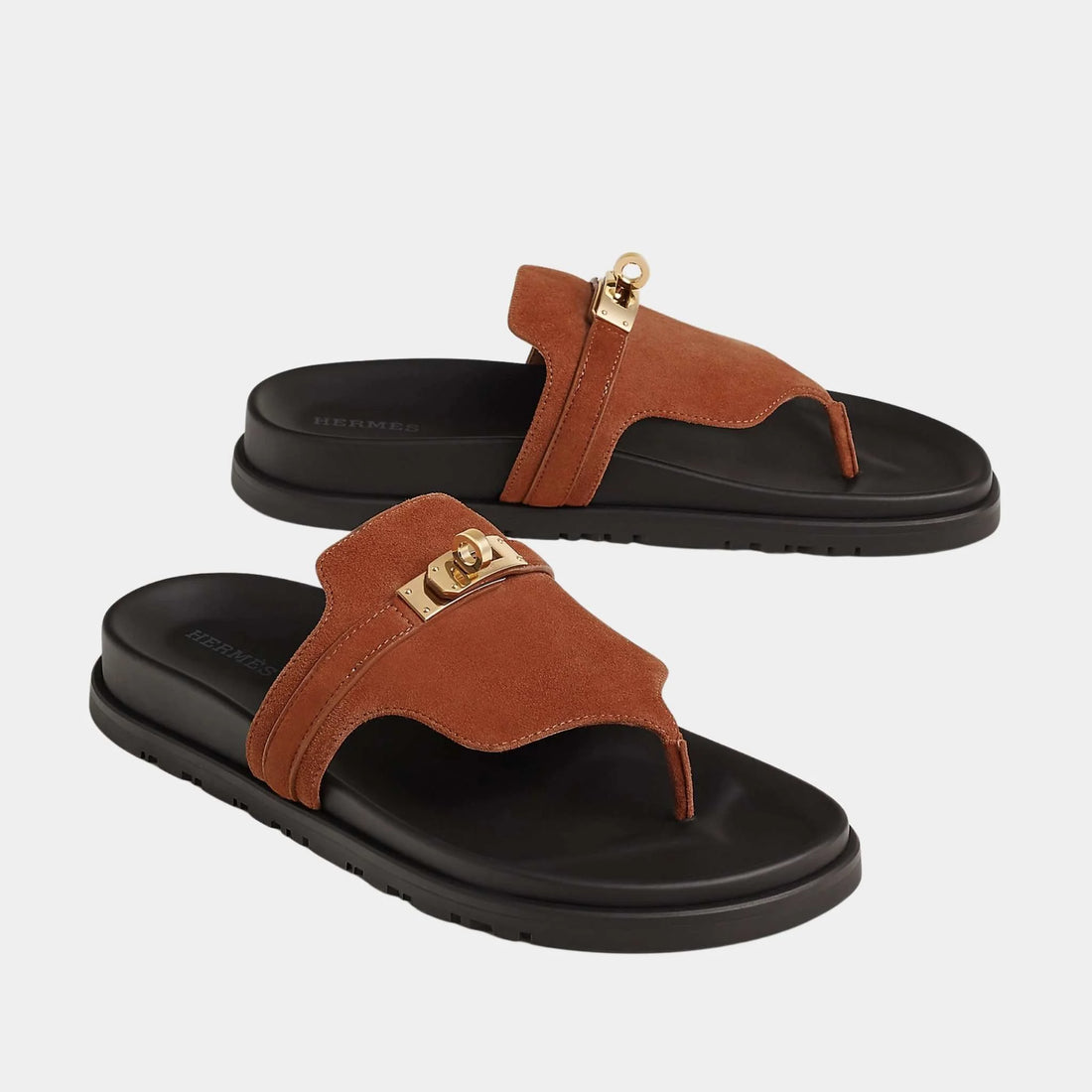 Hermes Empire Sandals in Suede Goatskin, Brown Love, Front
