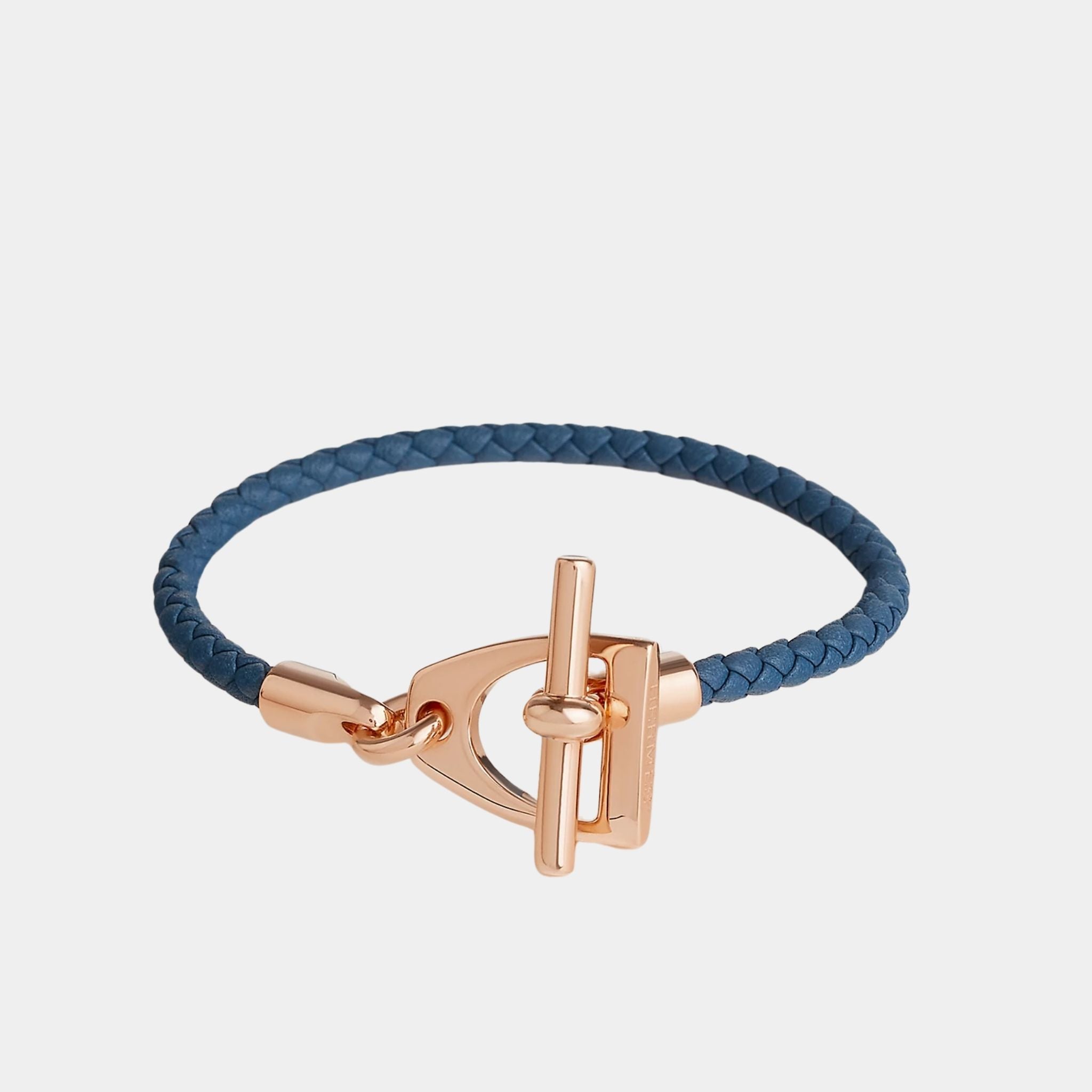 Hermes Etrier Bracelet Swift Calfskin Rose Gold Plated, Bleu Tie