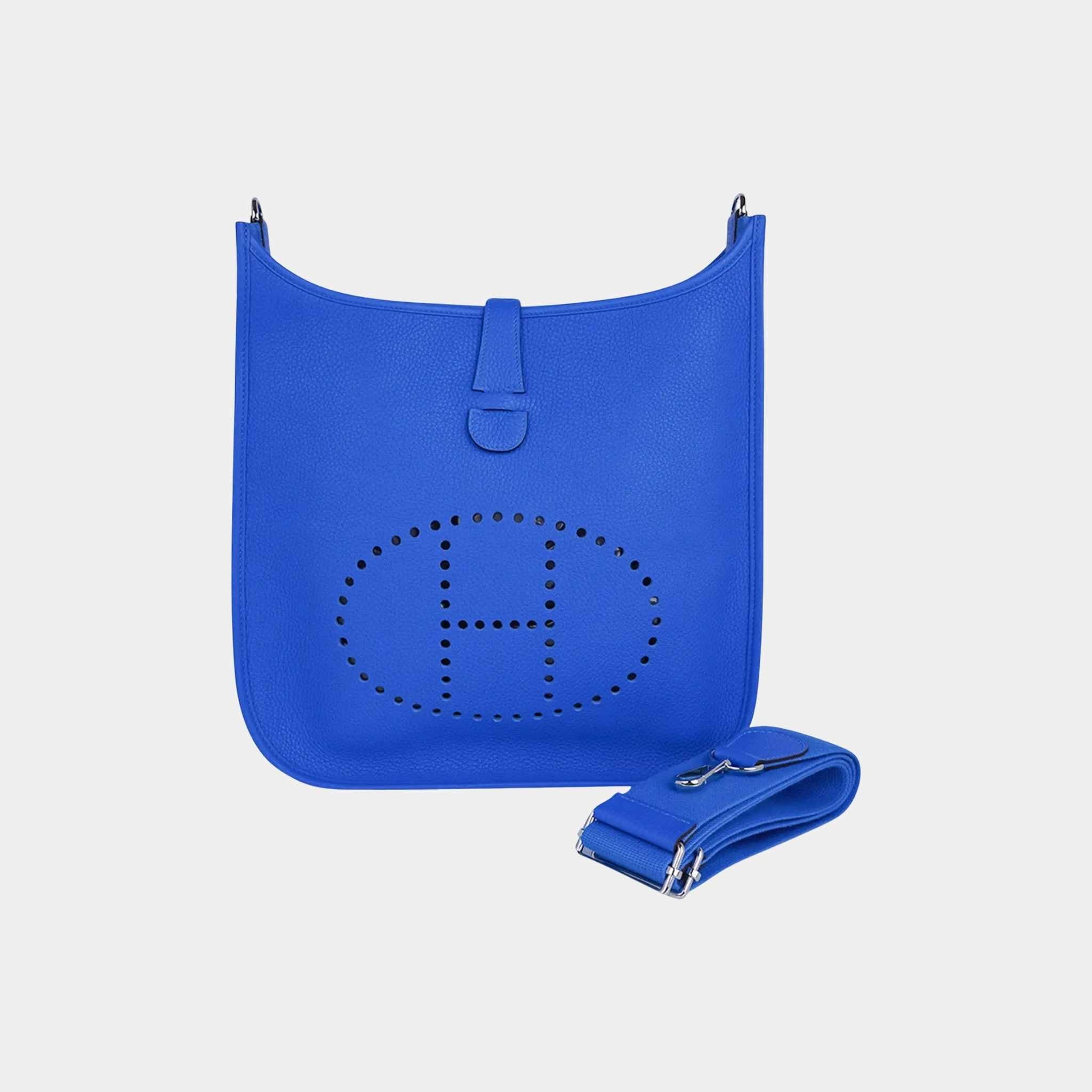 Hermes Evelyne III GM Bag Taurillon Clemence Bleu Hydra PHW, Front