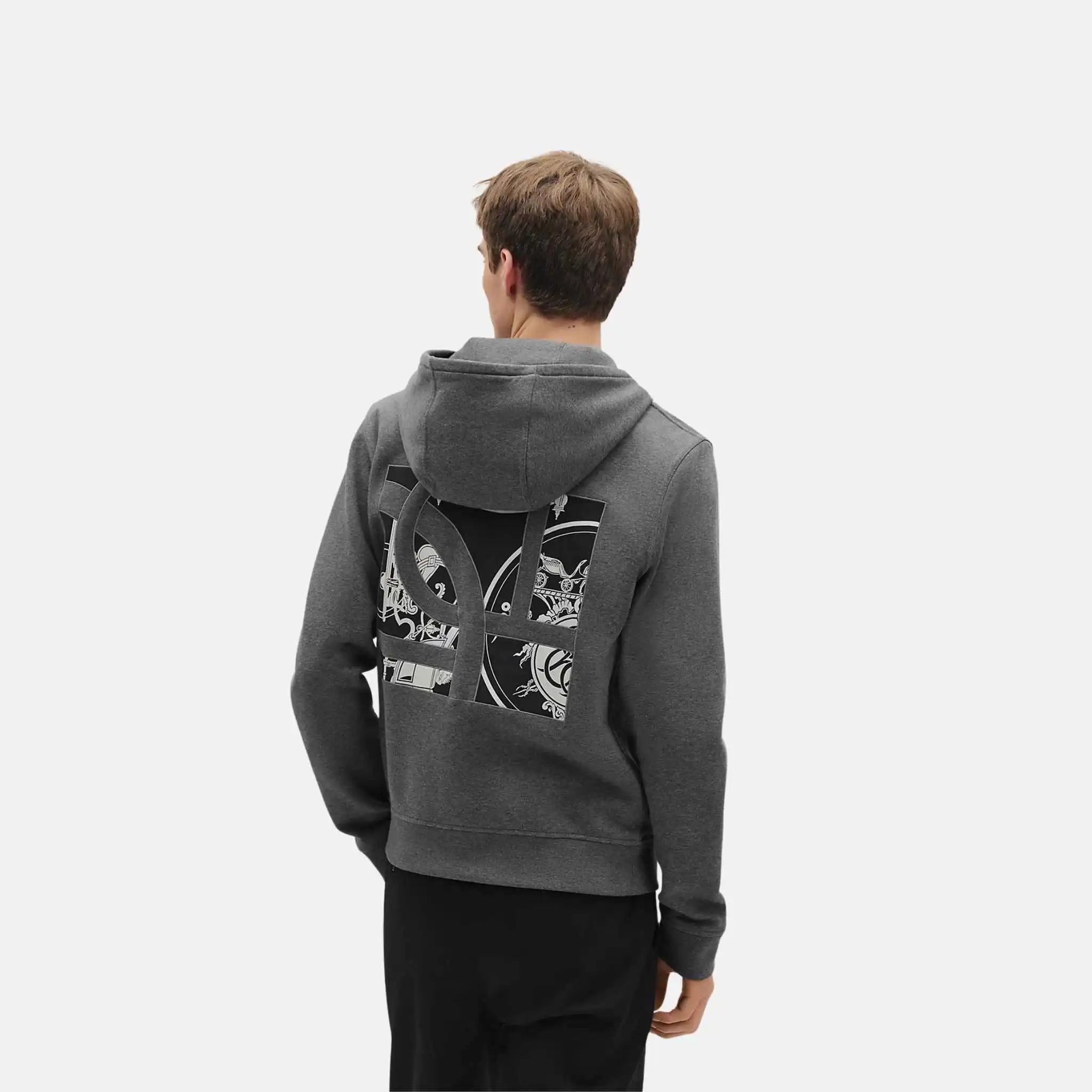 Hermes Ex-Libris Hooded Sweater with Silk Detail, Dark Gray, Back