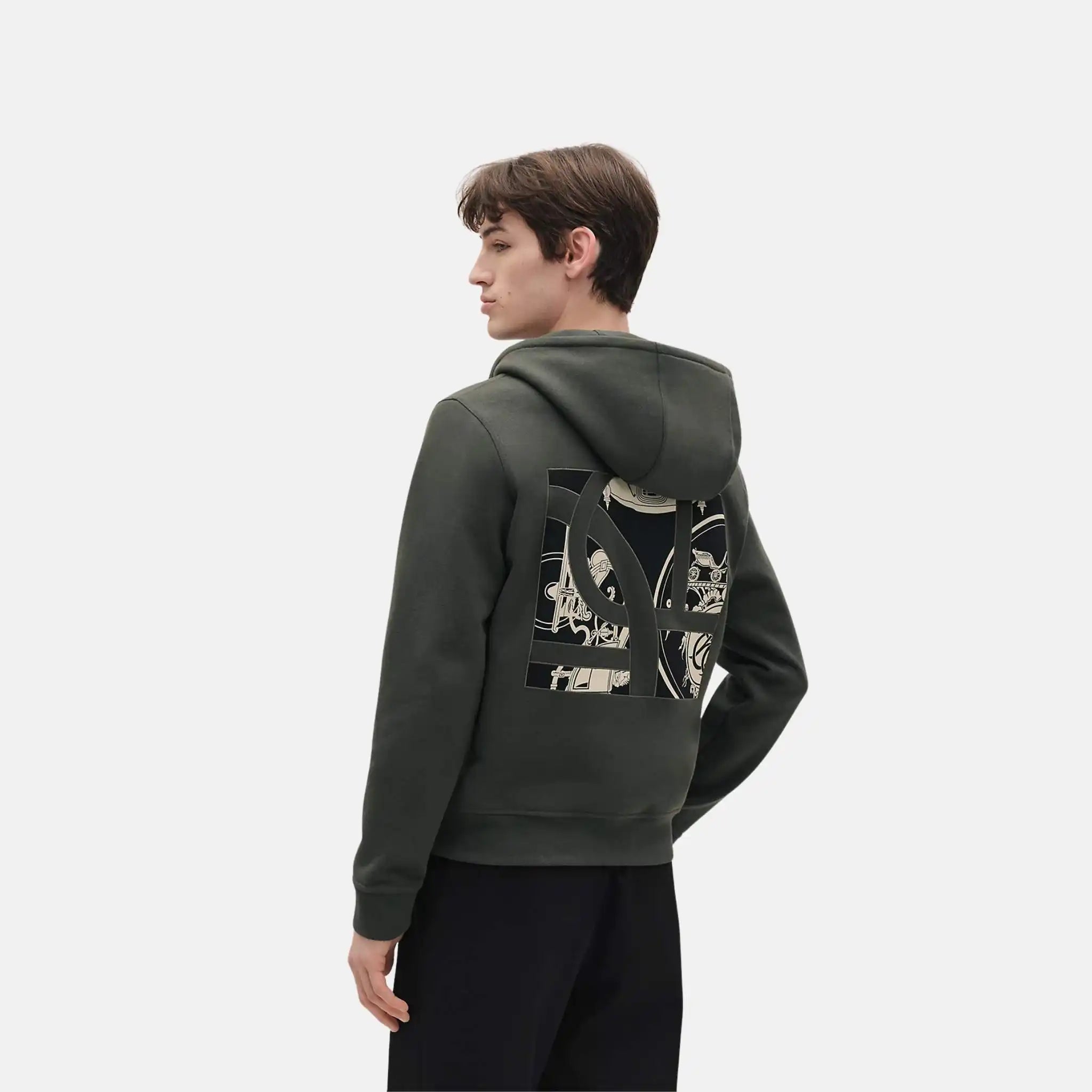 Hermes Ex-Libris Hooded Sweater with Silk Detail, Vert Chrome, Back
