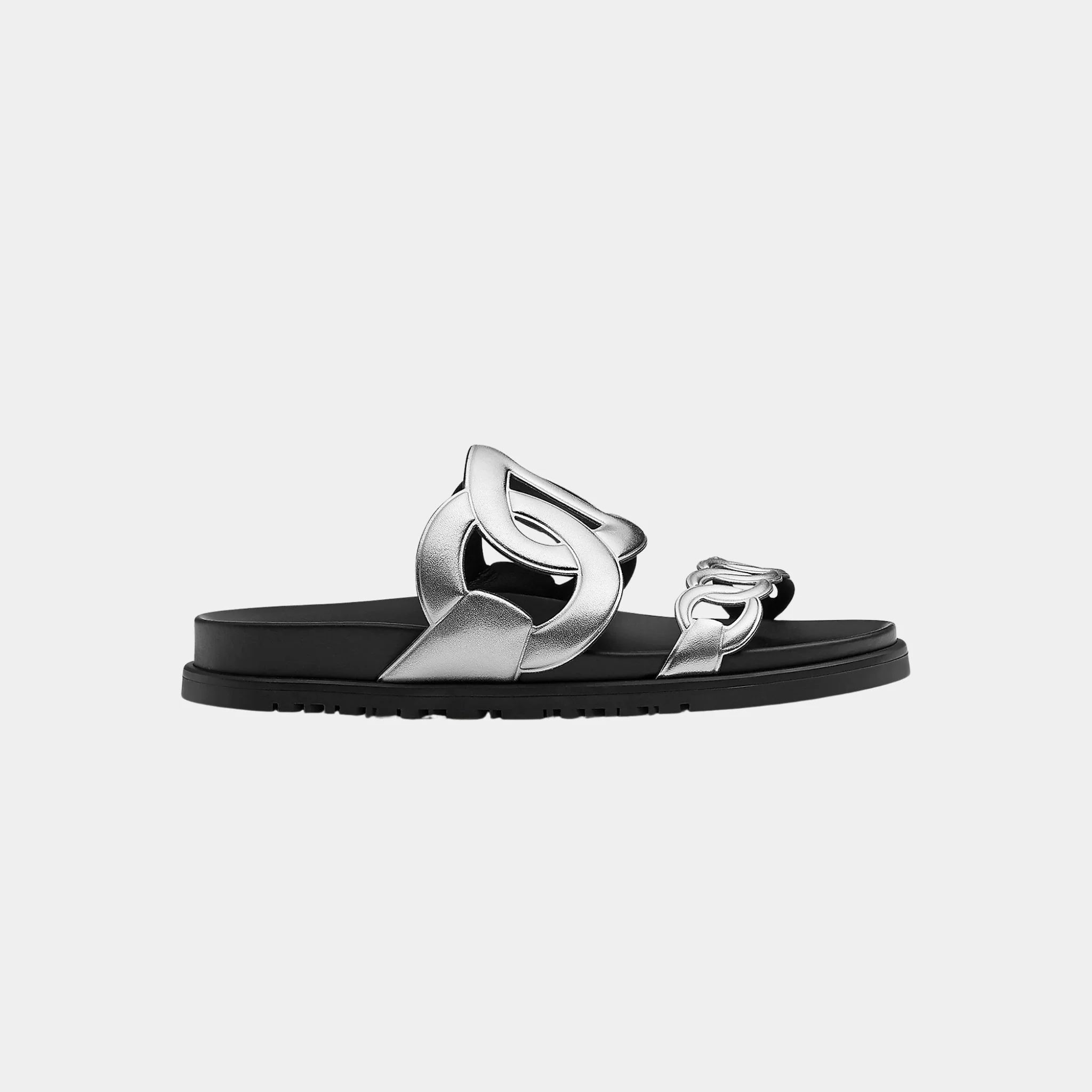 Hermes Extra Sandals in Metallic Nappa Leather, Gris Agarante, Side