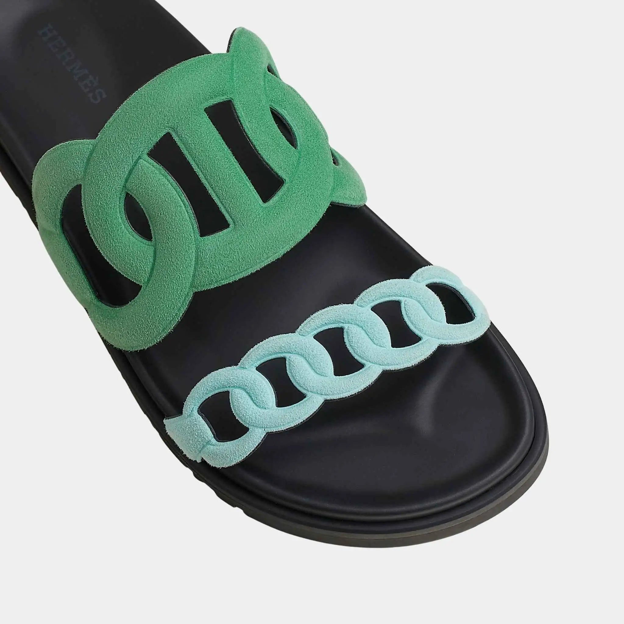 Hermes Extra Sandals in Suede Goatskin, Vert Opaline, Bleu Cristaux, Top