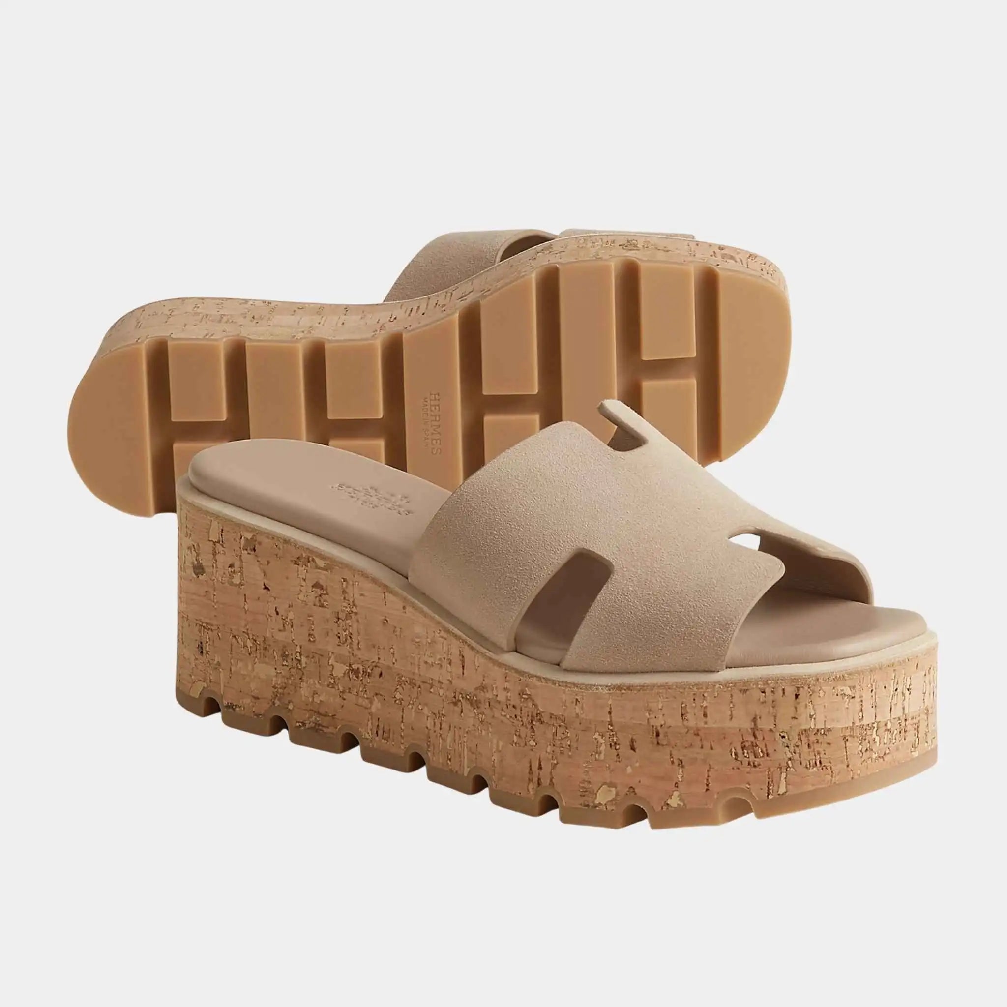 Hermes Eze 30 Sandals Suede Goatskin, Rouge Tomette, Beige Camel, Front