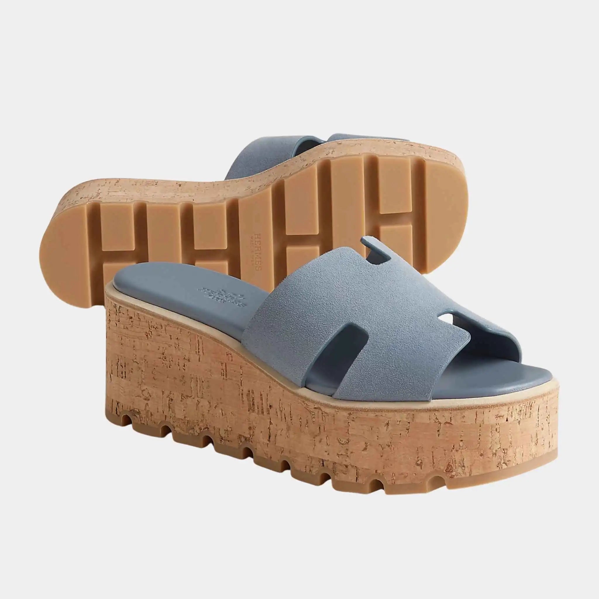 Hermes Eze 30 Sandals Suede Goatskin, Rouge Tomette, Bleu Grignon, Front