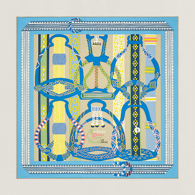 Hermes Fantaisie d Etriers scarf 90, Sky Blue, Front