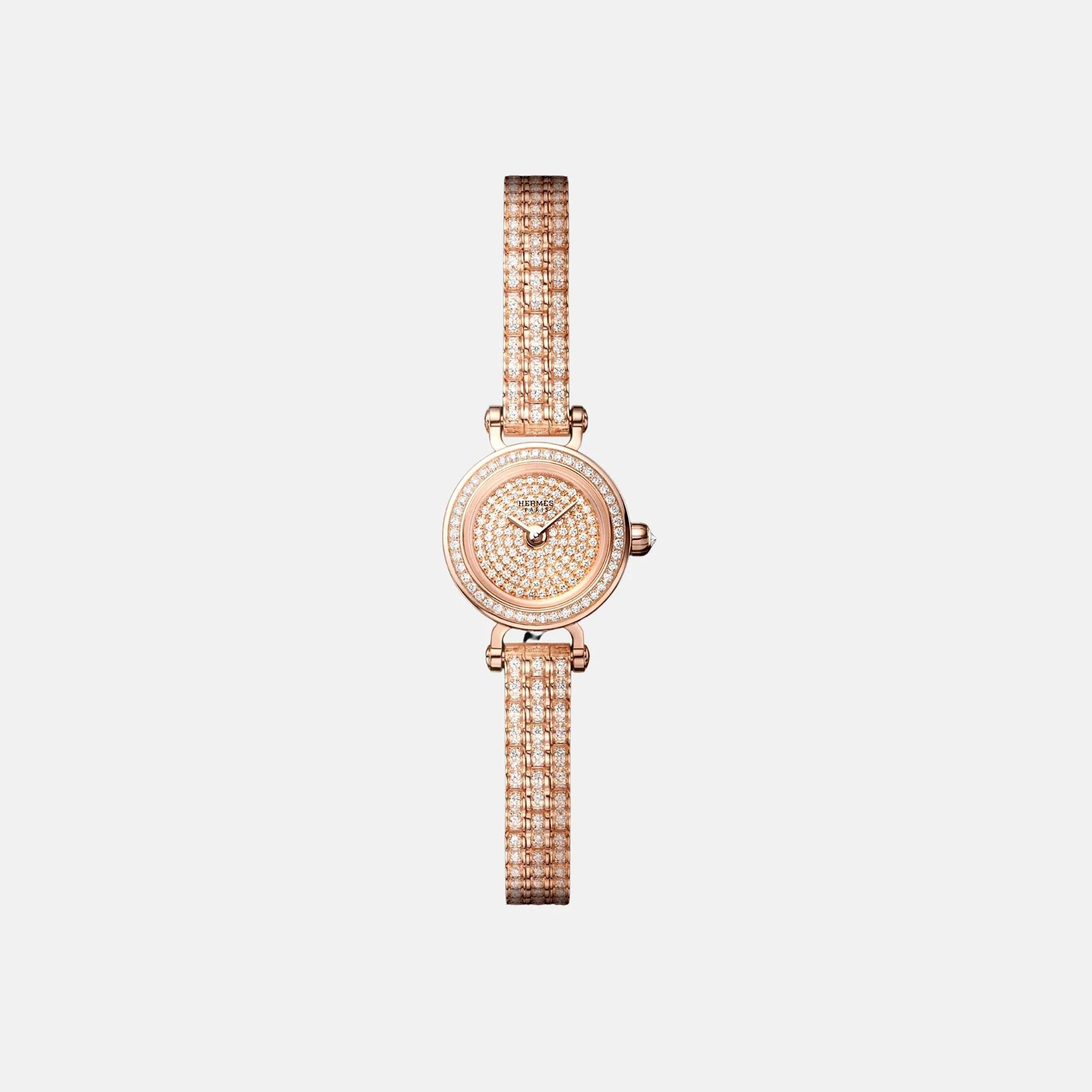 Hermes Faubourg Watch Mini 15mm Rose Gold Diamond Bracelet