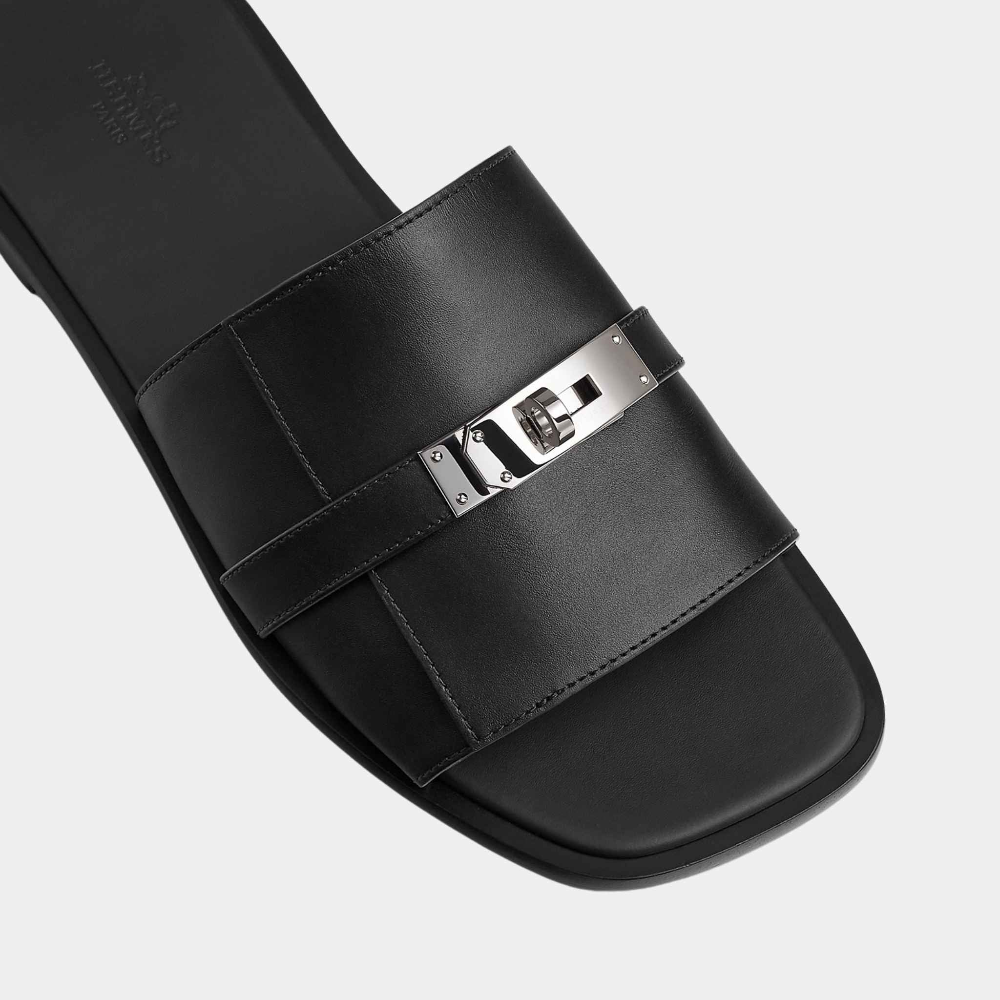 Hermes Gabriel Sandal Calfskin Palladium Plated Buckle, Noir, Top