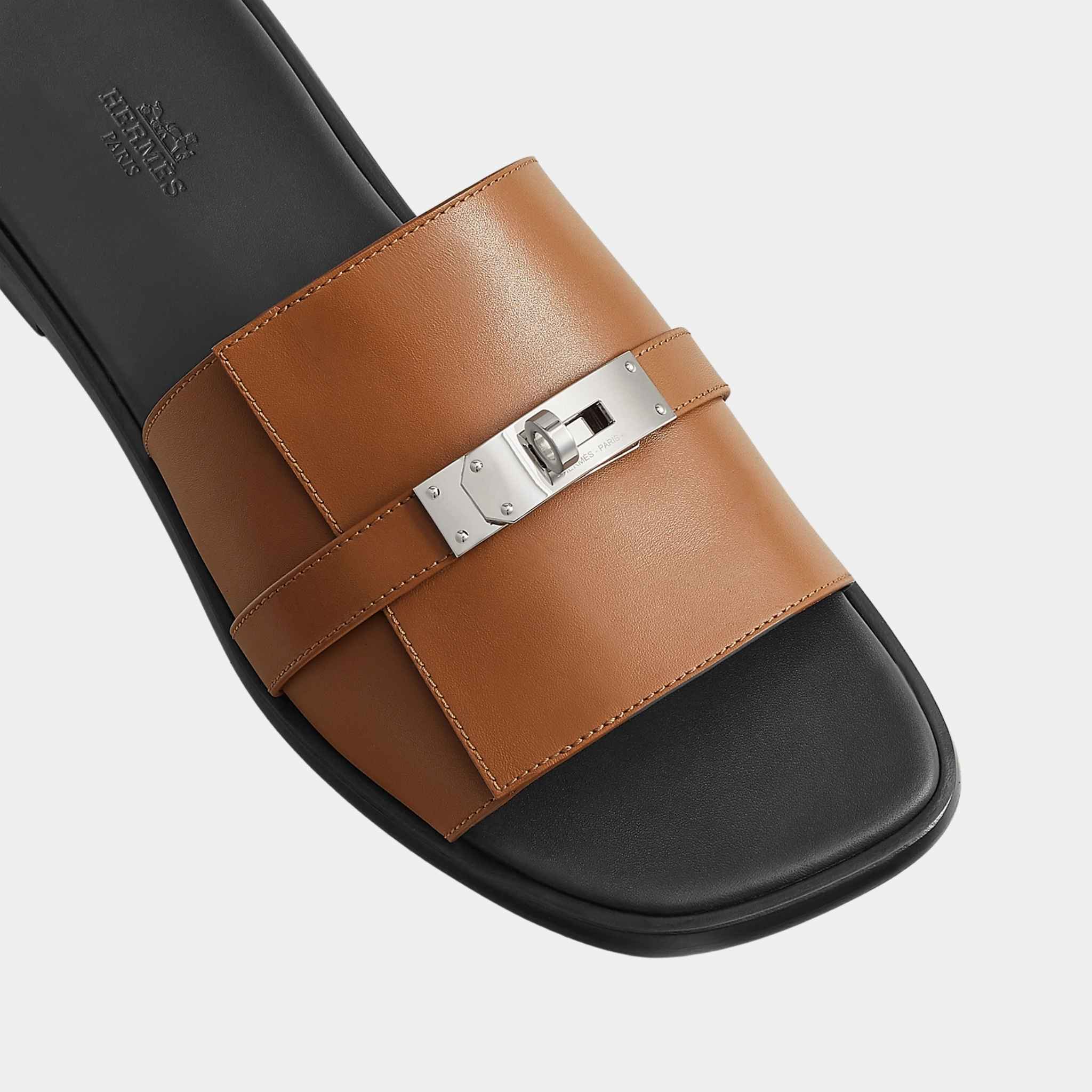 Hermes Gabriel Sandals Calfskin with Palladium Plated Kelly Buckle, Naturel, Top