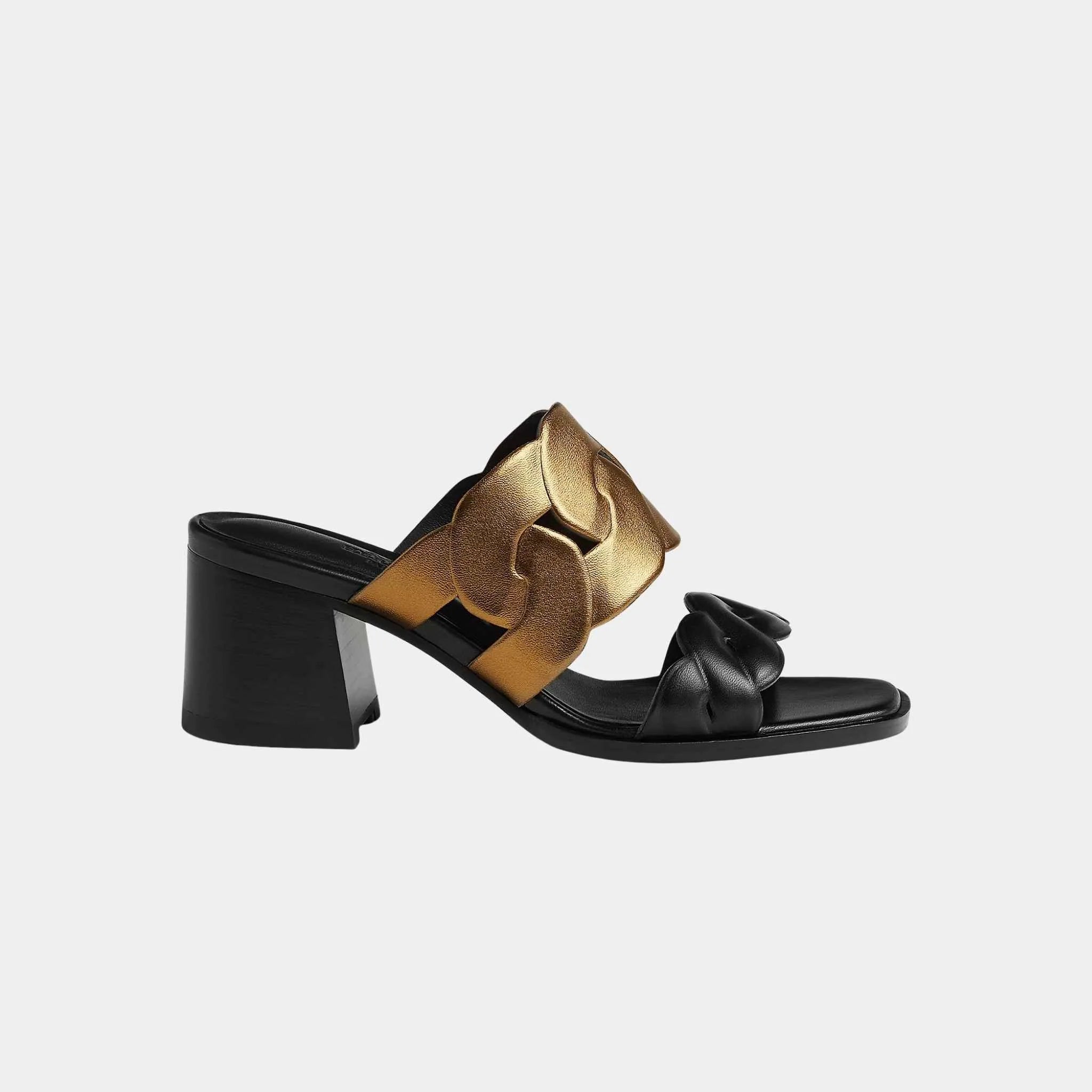 Hermes Gaby 60 Sandal Nappa Leather With Metallic Finish, Noir, Gold, Side