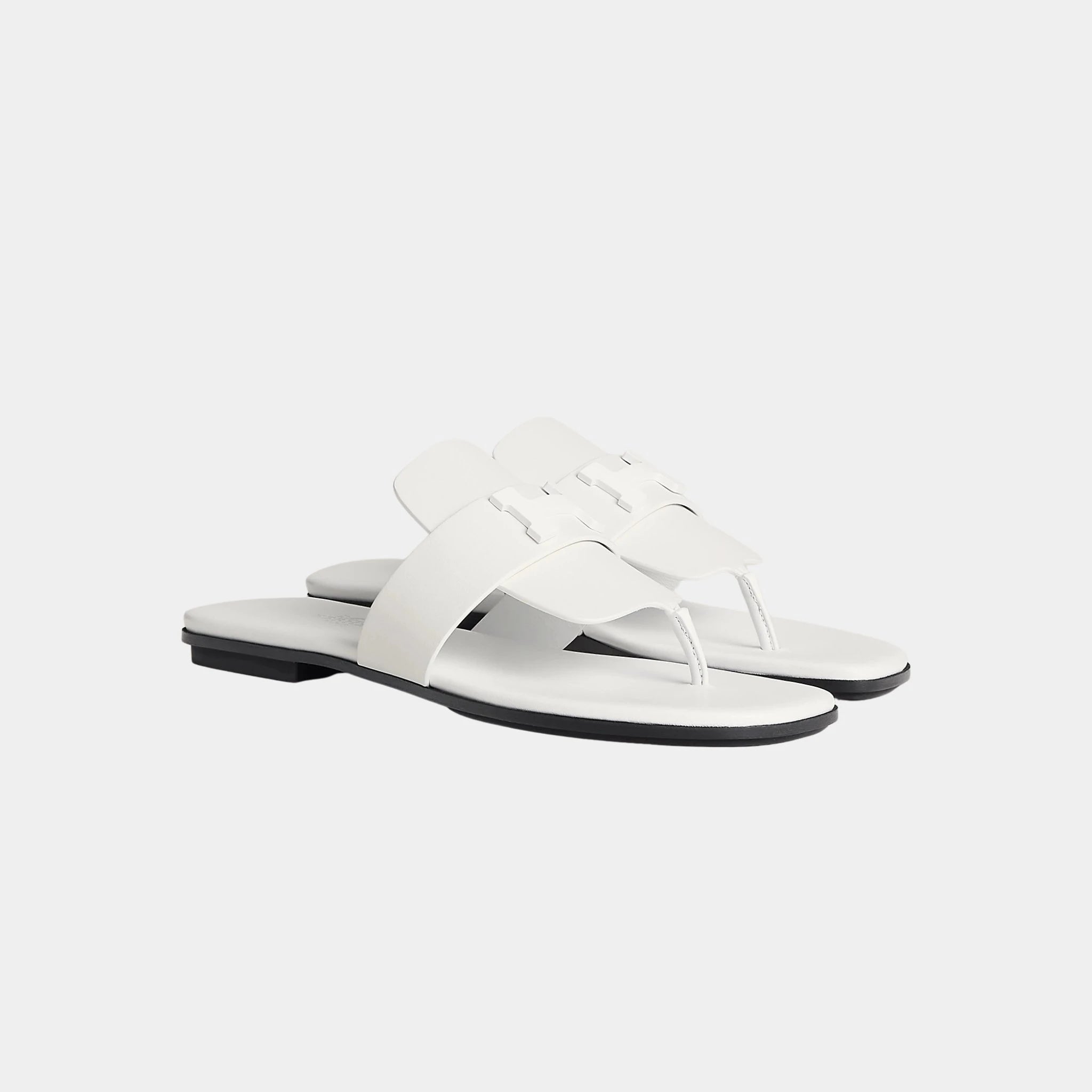Hermes Galerie Sandal Calfskin With Tone-On-Tone Metal Buckle, Blanc, Front