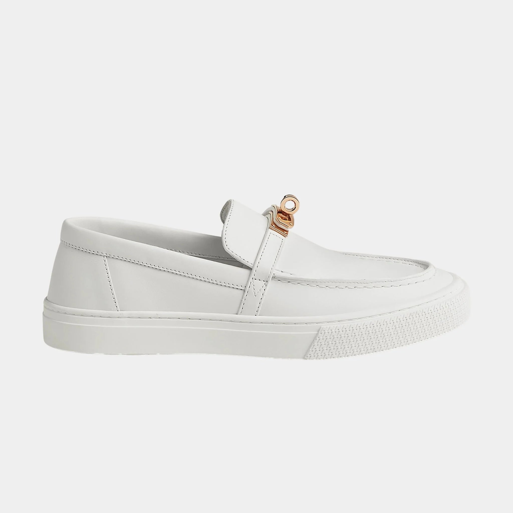 Hermes Game Slip-on Sneaker Calfskin with Rose Gold Buckle, Blanc, Side