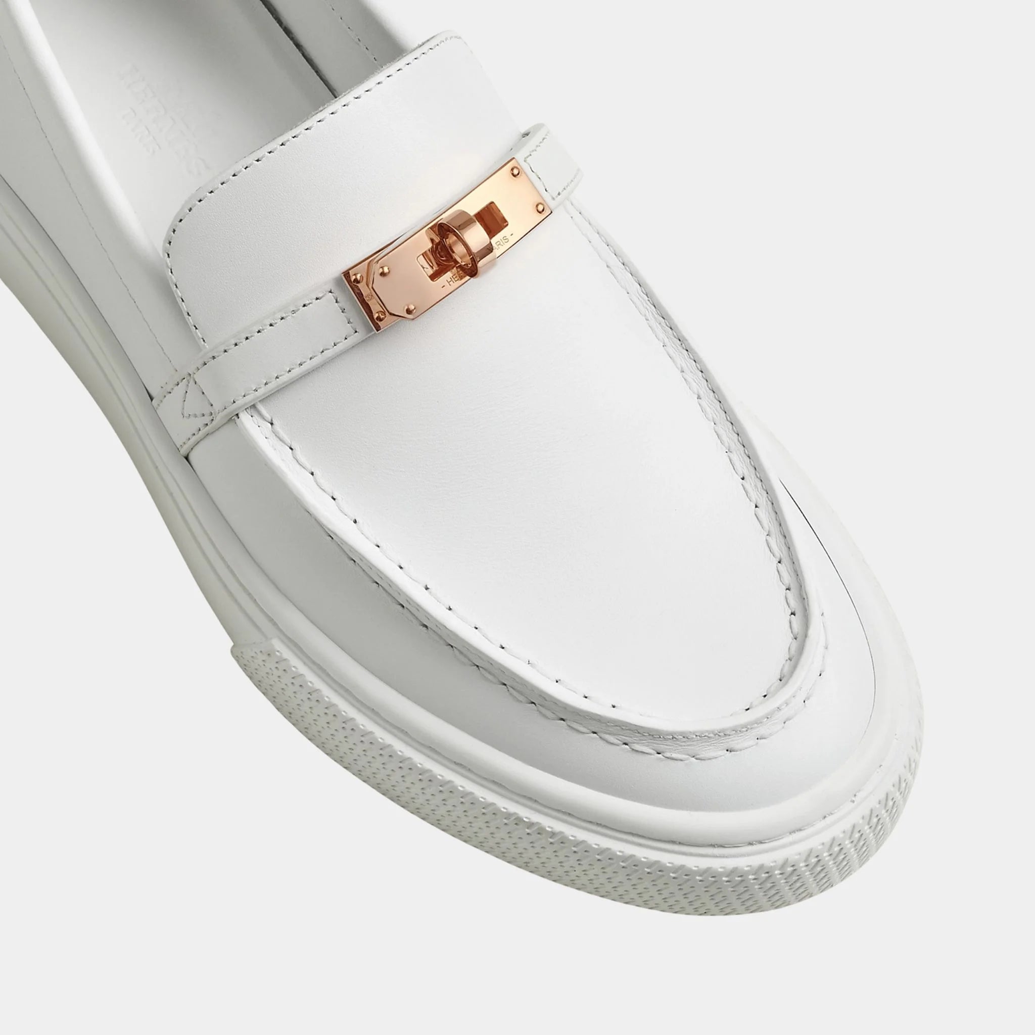 Hermes Game Slip-on Sneaker Calfskin with Rose Gold Buckle, Blanc, Top