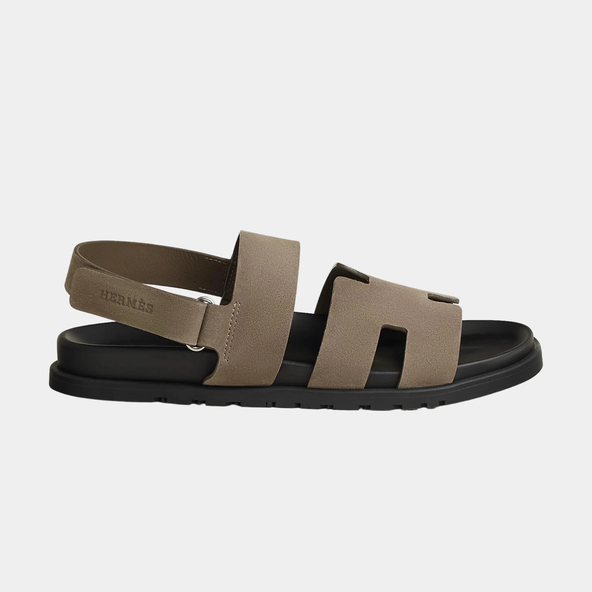 Hermes Genius Sandals in Suede Goatskin, Etoupe, Side