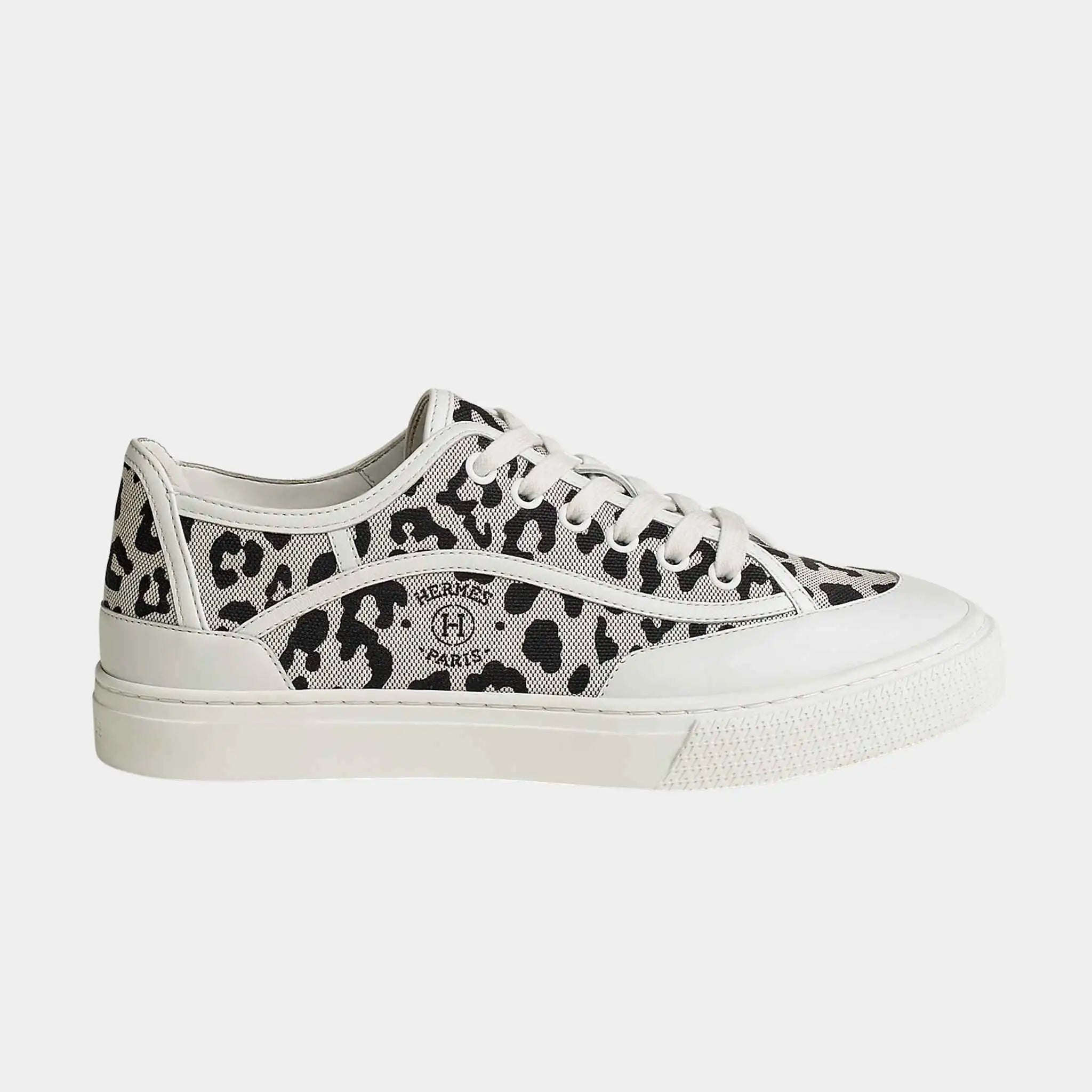 Hermes Get Sneakers in Printed H Canvas and Calfskin, Prunoir, Blanc, Side