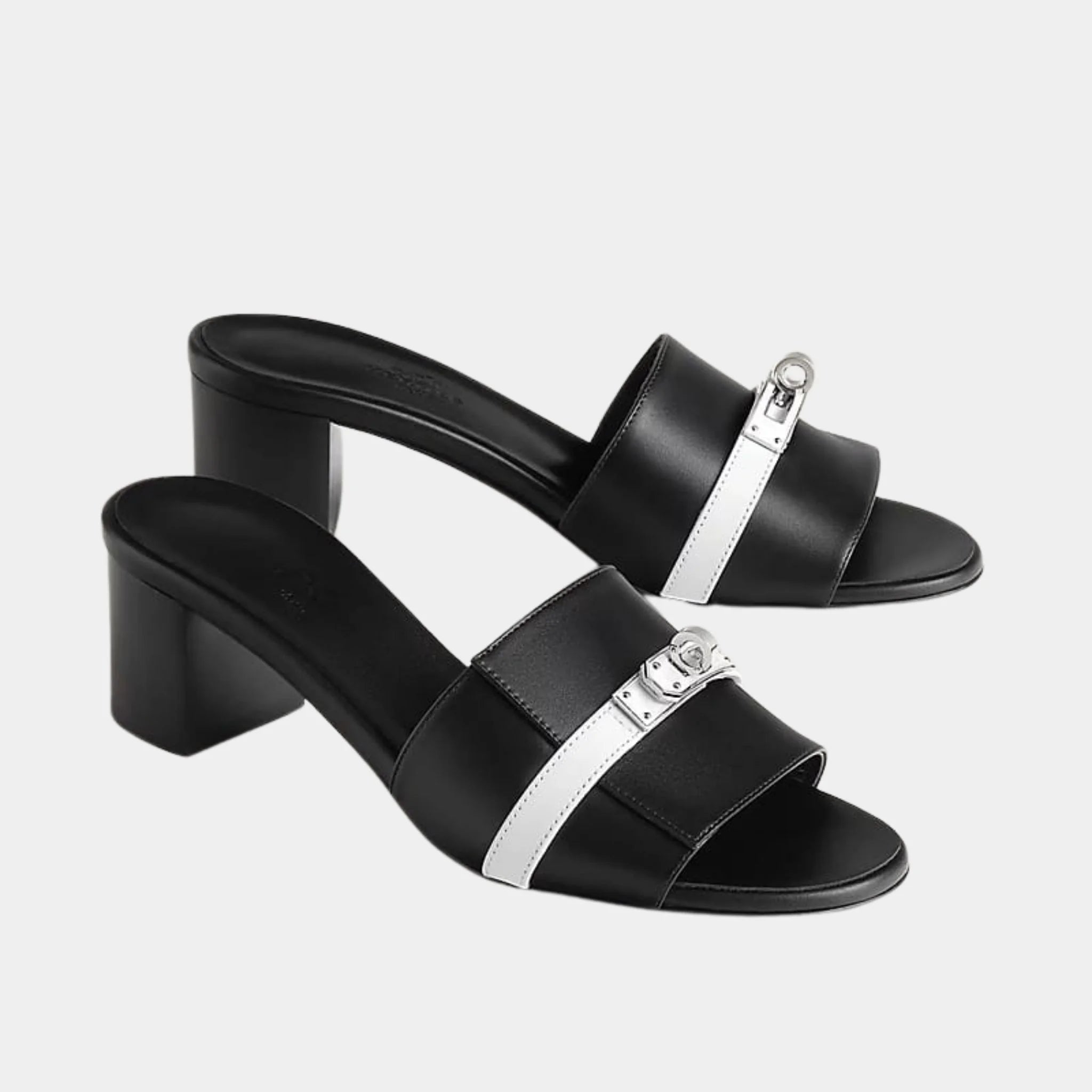 Hermes Gigi 50 Sandals Calfskin, Black, Silver, Front