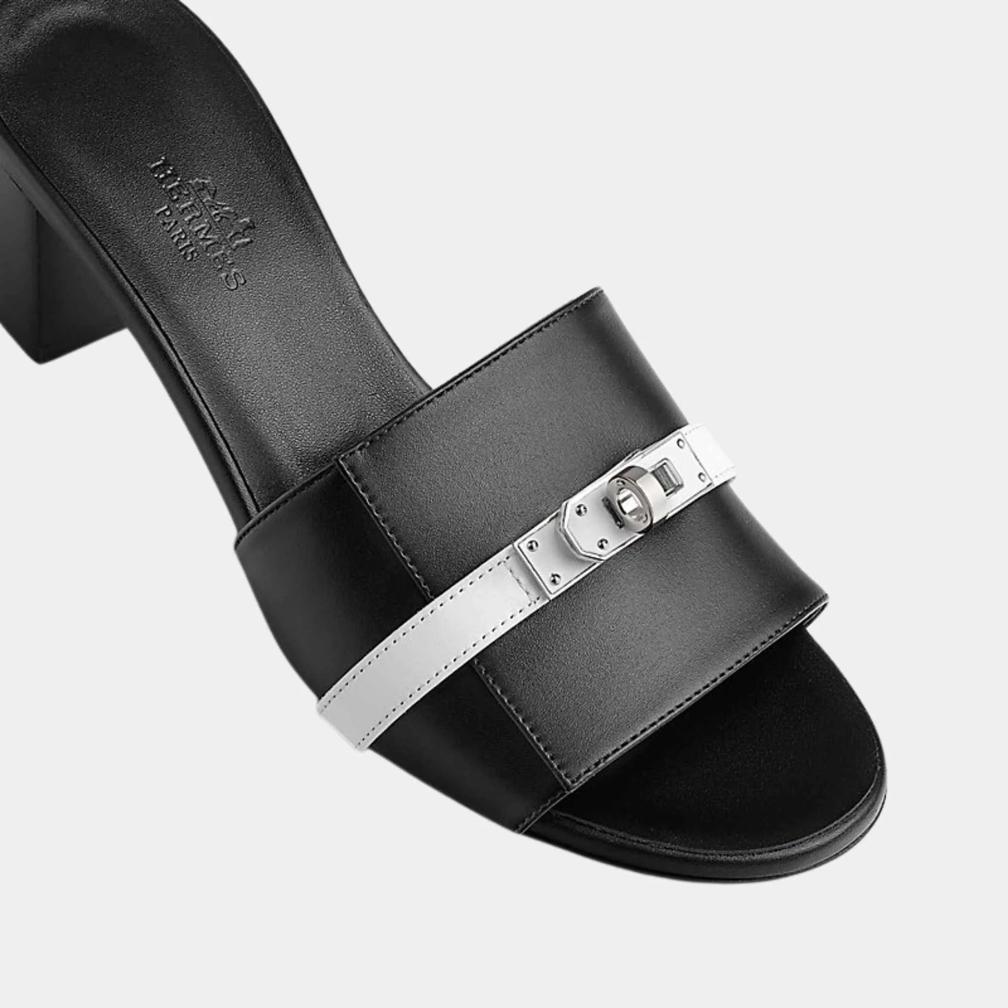 Hermes Gigi 50 Sandals Calfskin, Black, Silver, Top