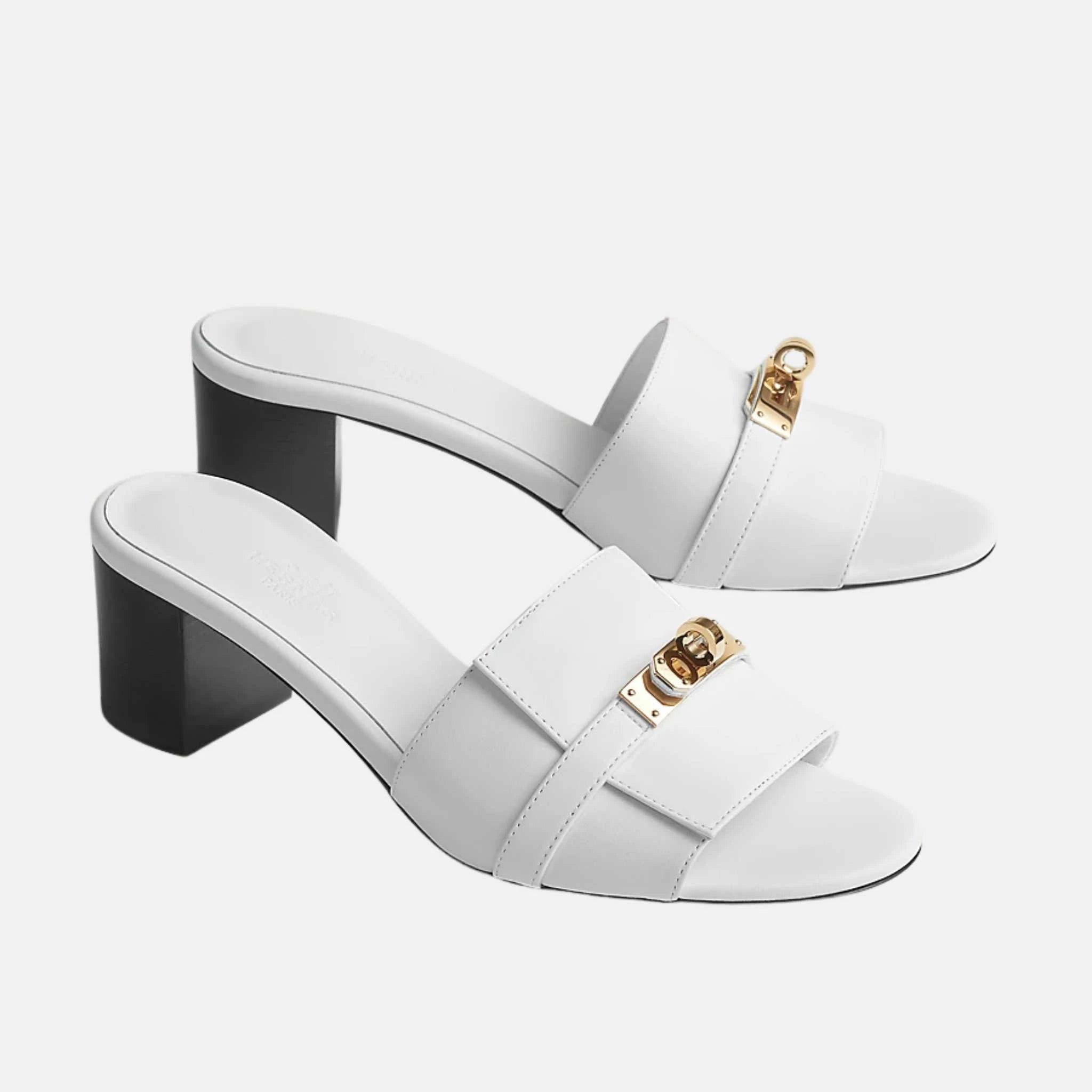 Hermes Gigi 50 Sandals in Calfskin Gold Plated Buckle, White, Front