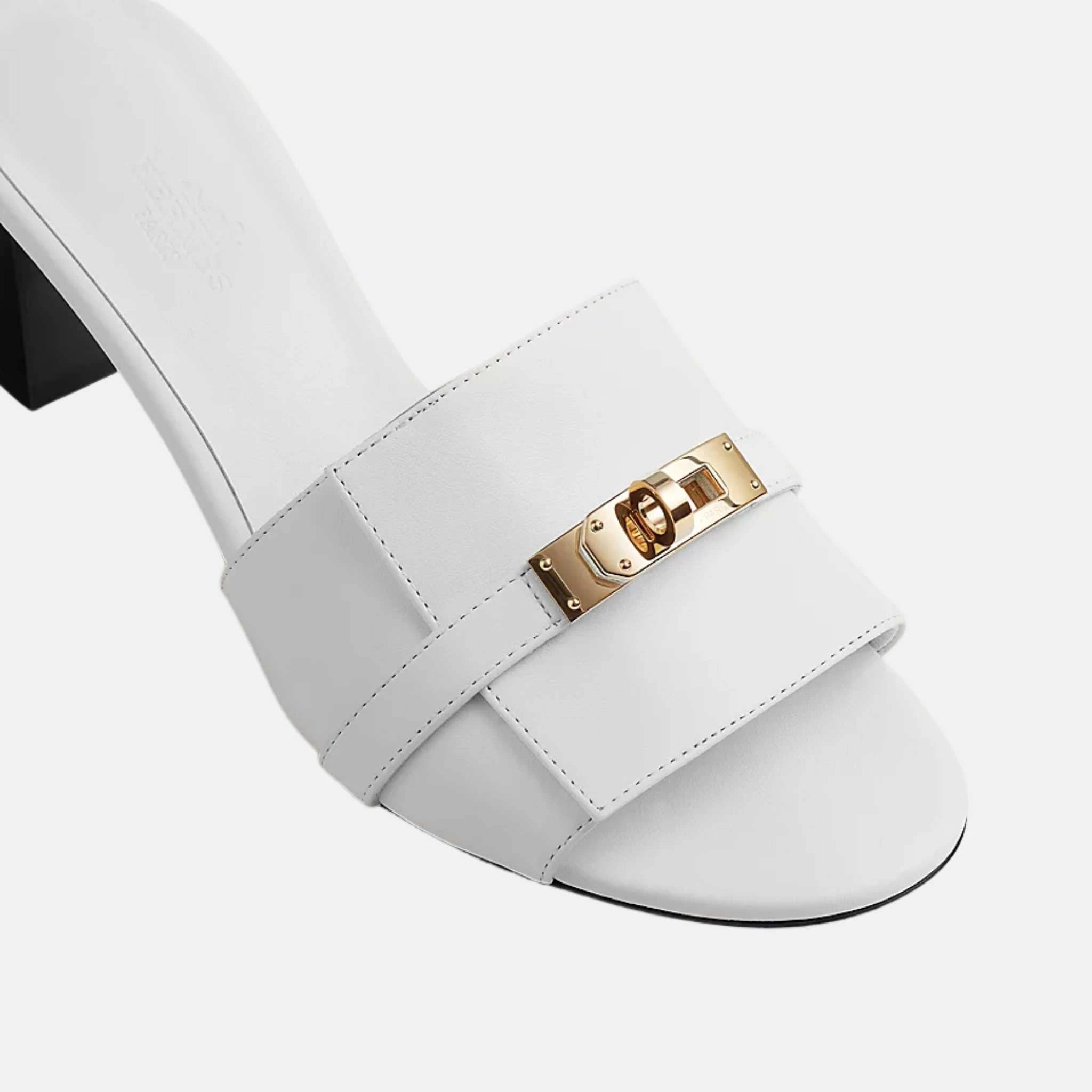 Hermes Gigi 50 Sandals in Calfskin Gold Plated Buckle, White, Top
