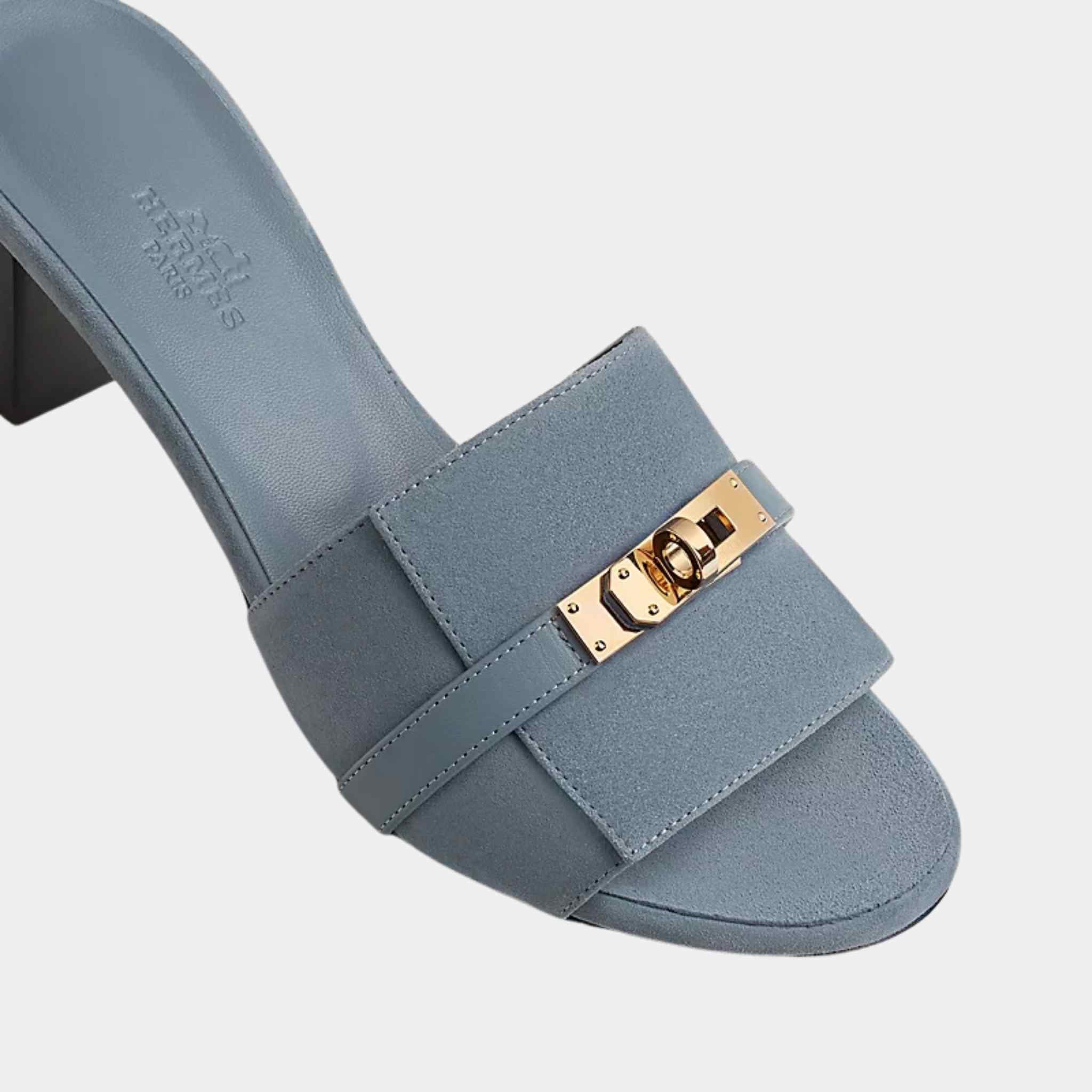 Hermes Gigi 50 Sandals Blue Pomace, Top Closeup