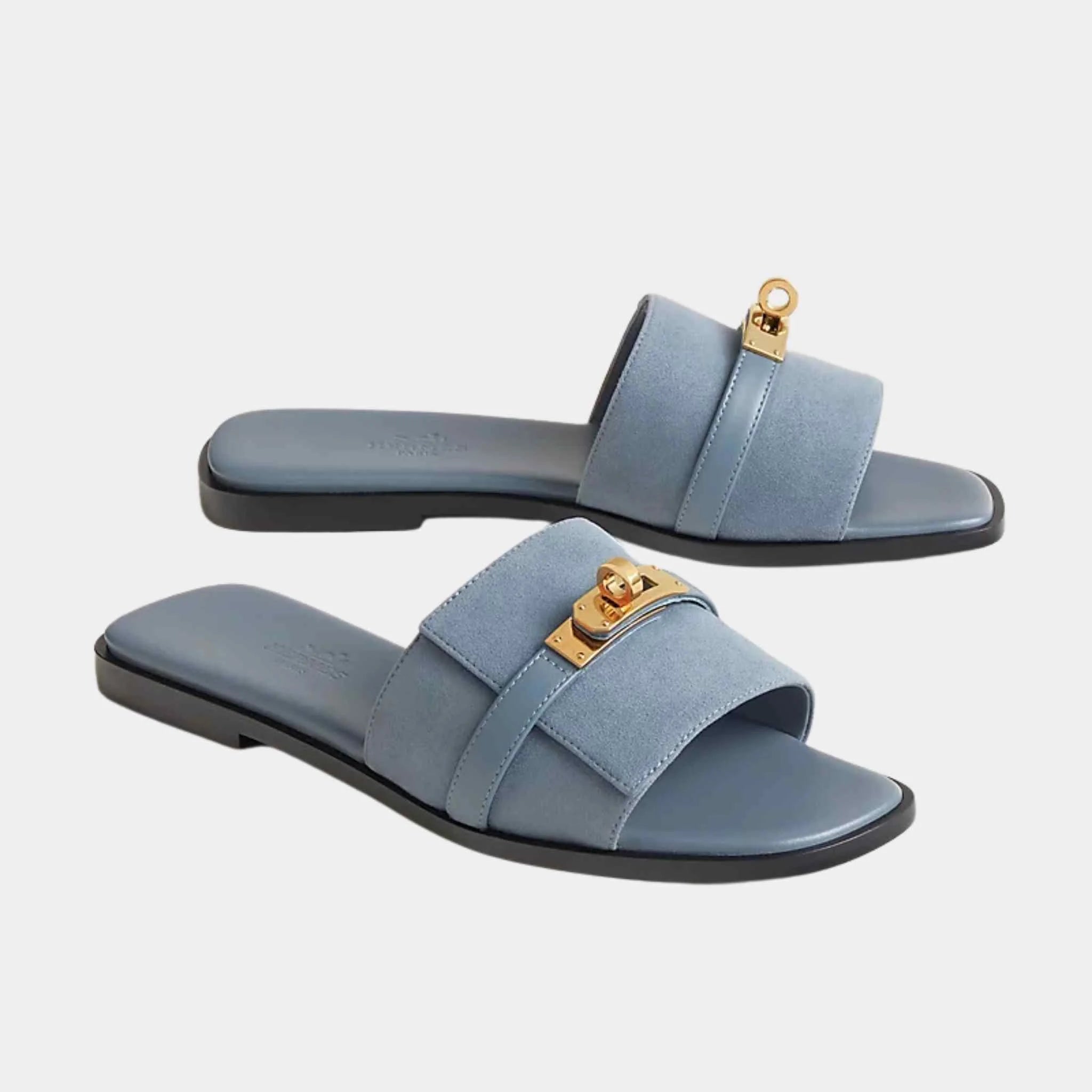 Hermes Giulia Sandals Goat Suede, Blue Pomace, Front