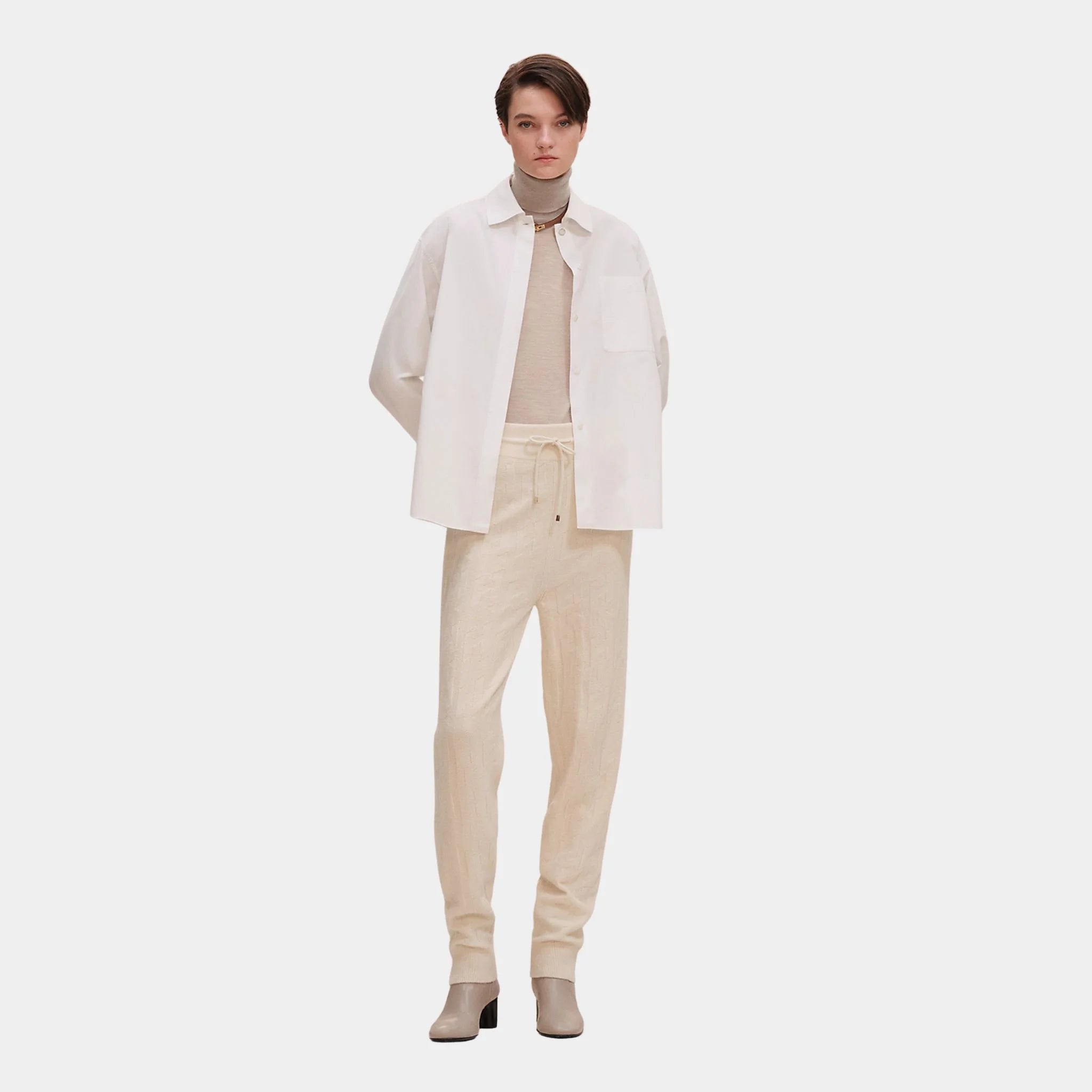 Hermes H Jogging Pants in Plain Wool, Blanc Naturel, Front