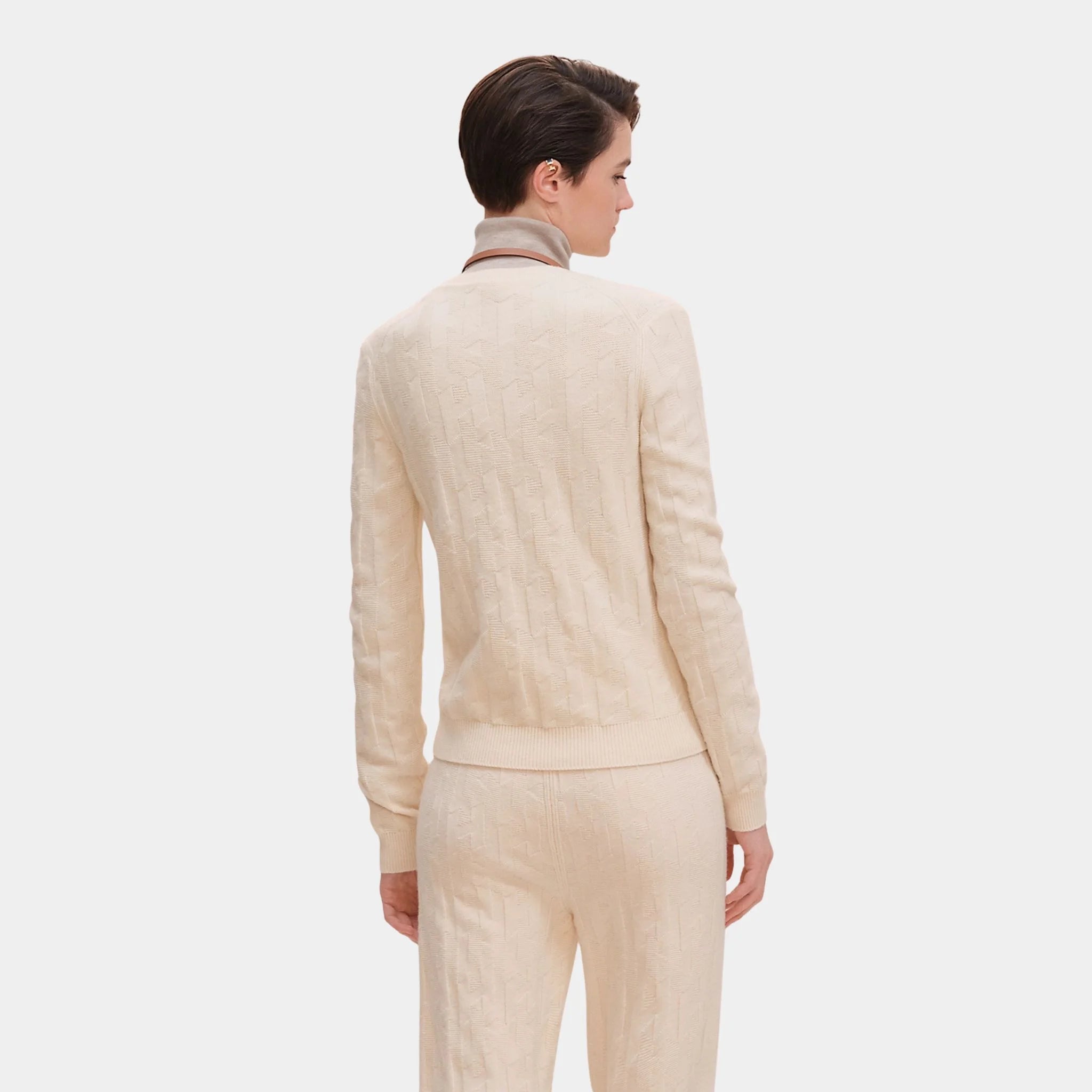 Hermes H Long-Sleeve Sweater in Plain Wool Knit, Blanc Naturel, Back