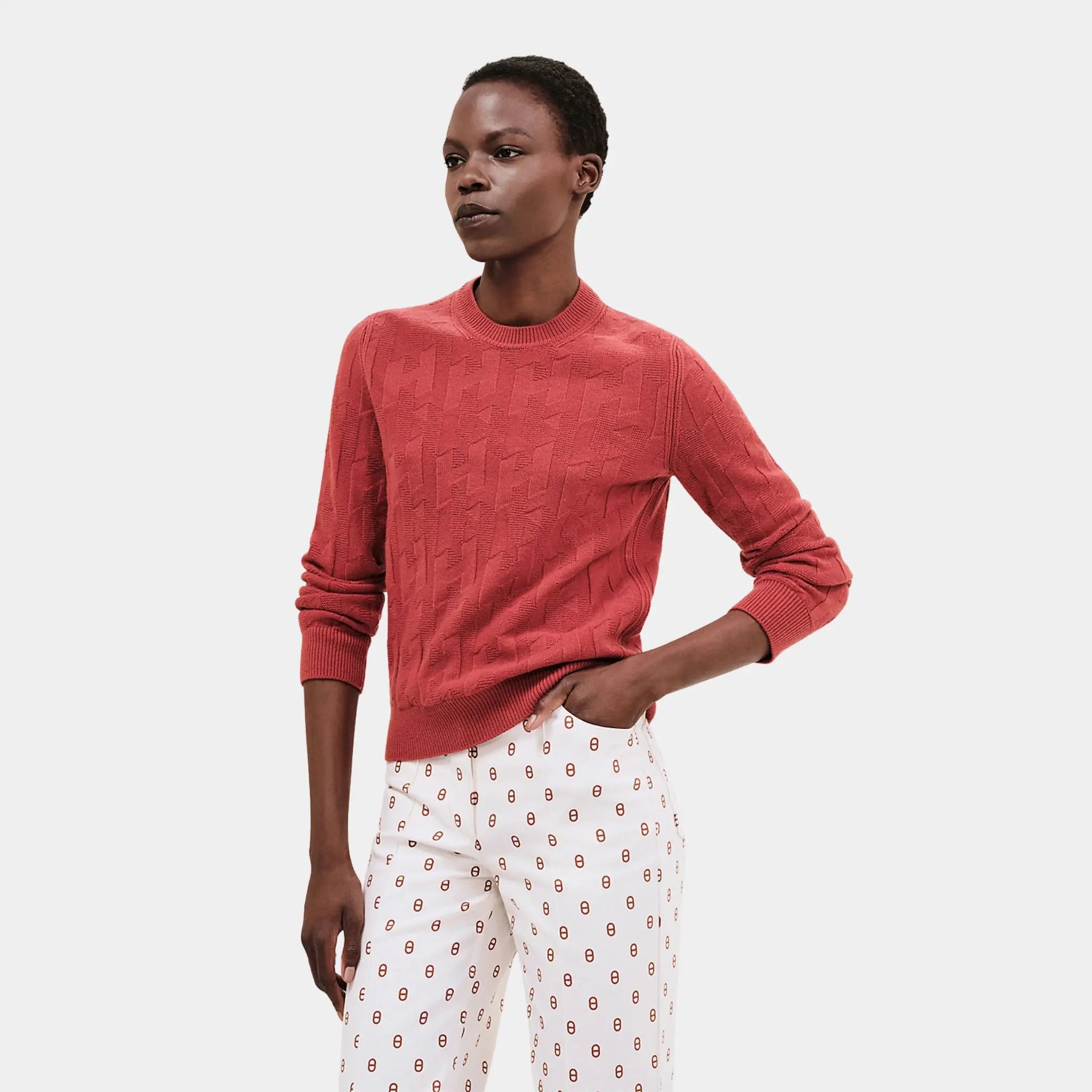 Hermes H Long-Sleeve Sweater in Plain Wool Knit, Rouge Sanguine, Front