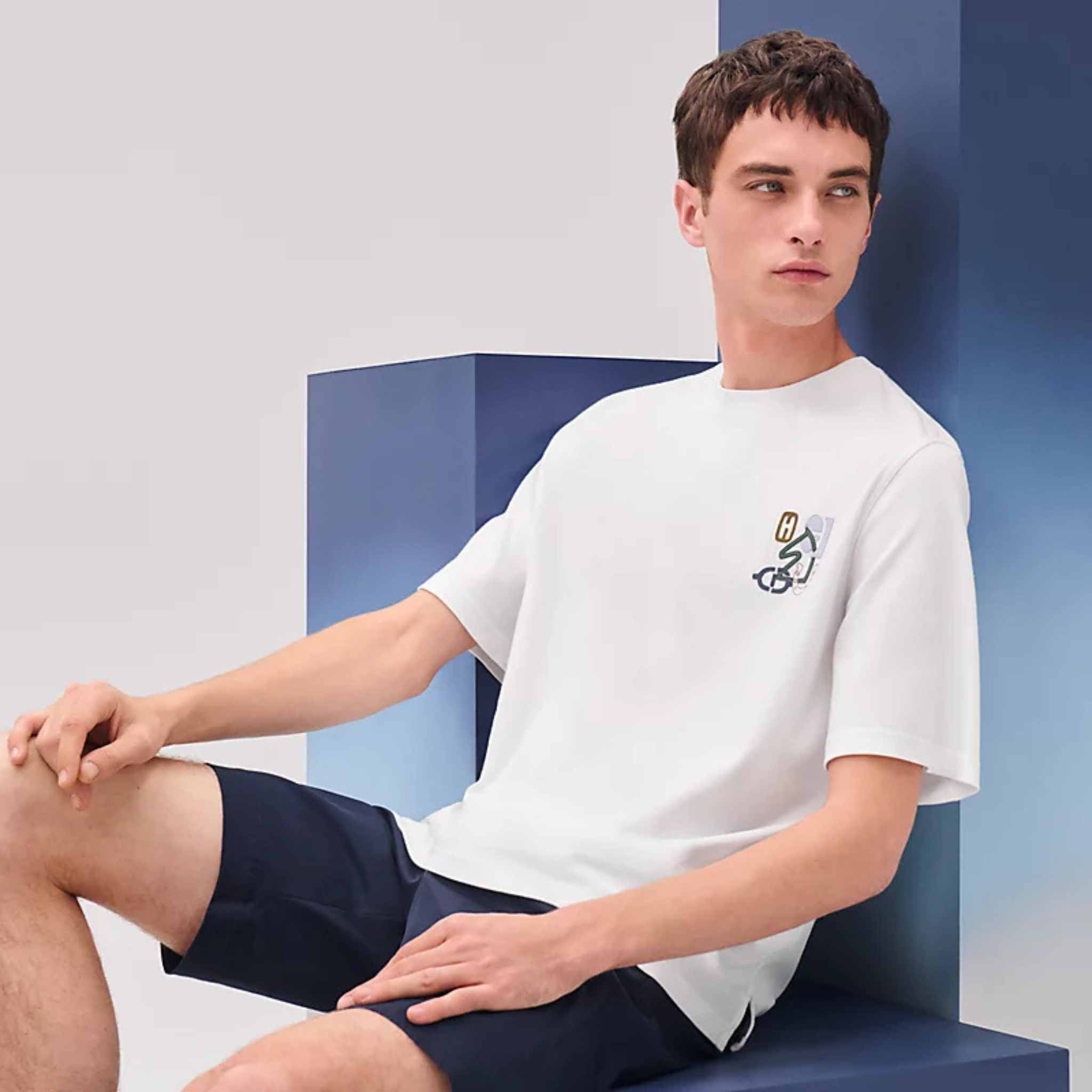 Hermes H Puzzle T-shirt With Leather Detail Blanc, Front, Model