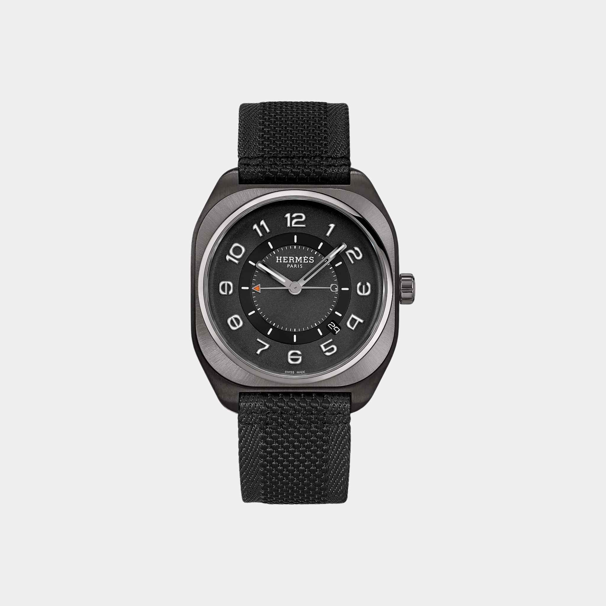 Hermès H08 42mm Titanium Watch with Black Webbing Strap, Front