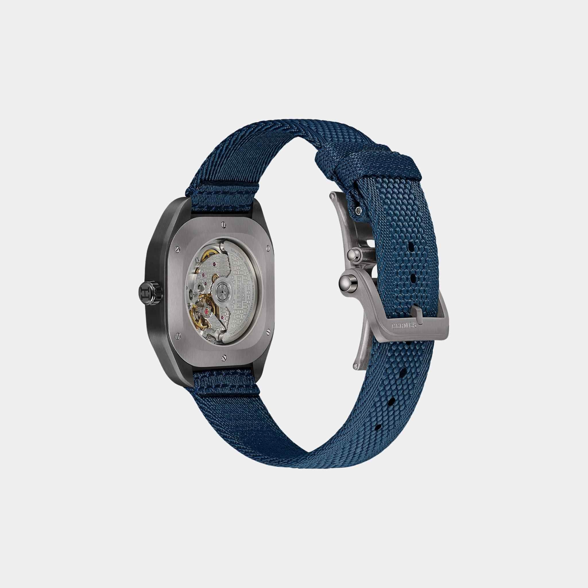 Hermes H08 42mm Titanium Watch with Navy Blue Webbing Strap, Back