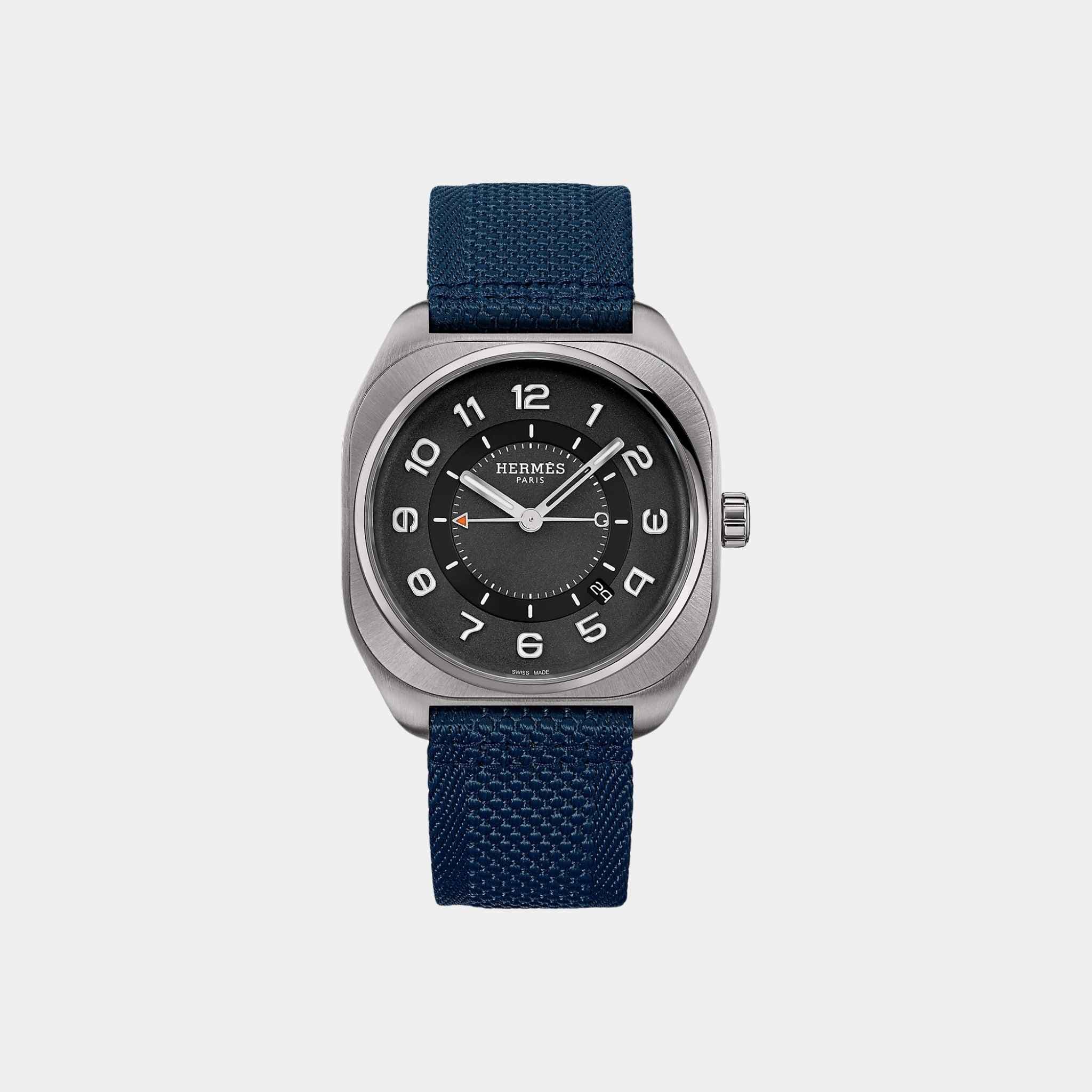 Hermes H08 Titanium Watch With Blue Webbing Strap, Front