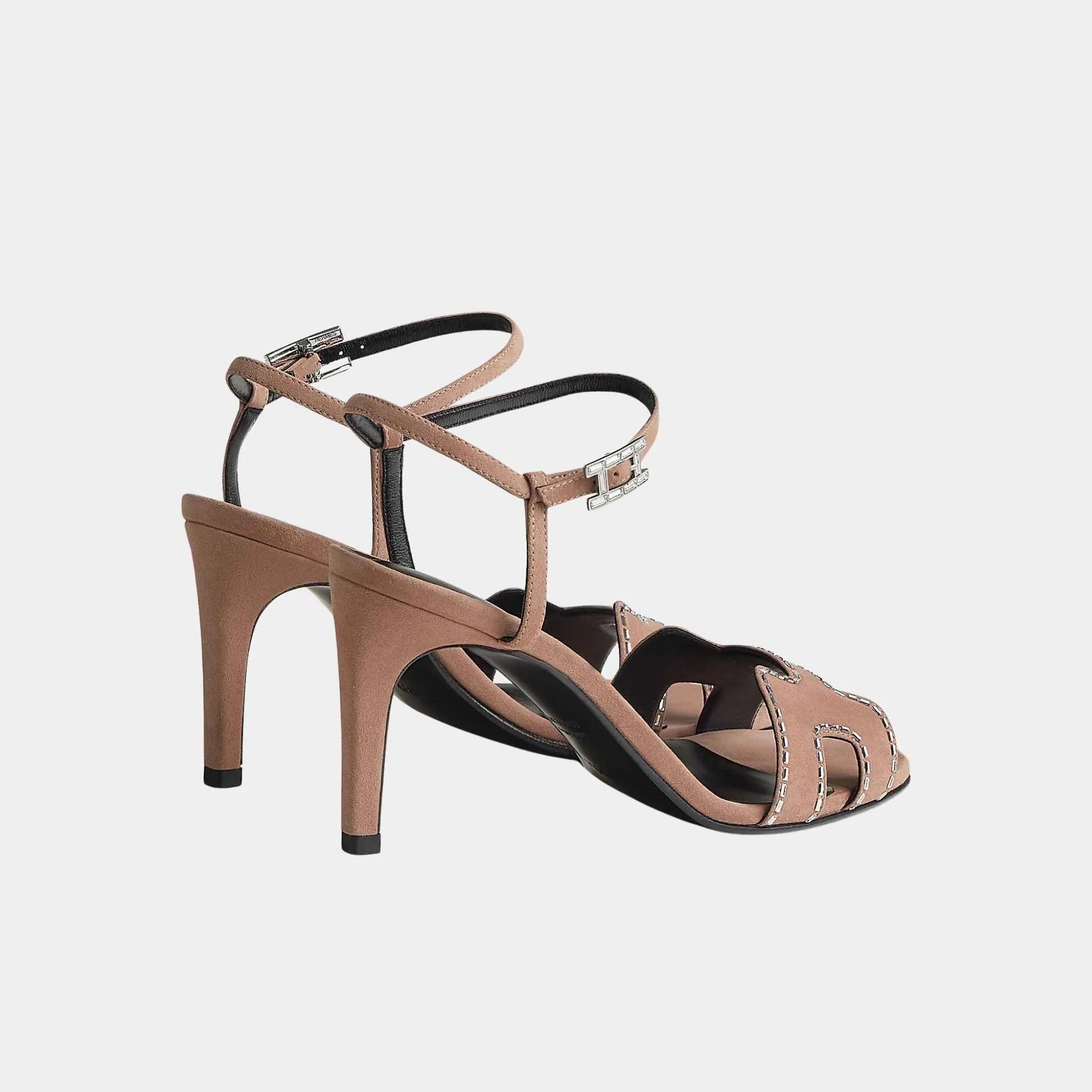 Hermes Heden 80 Sandal Suede Goatskin With Rhinestone Details, Pearl Pink, BAck