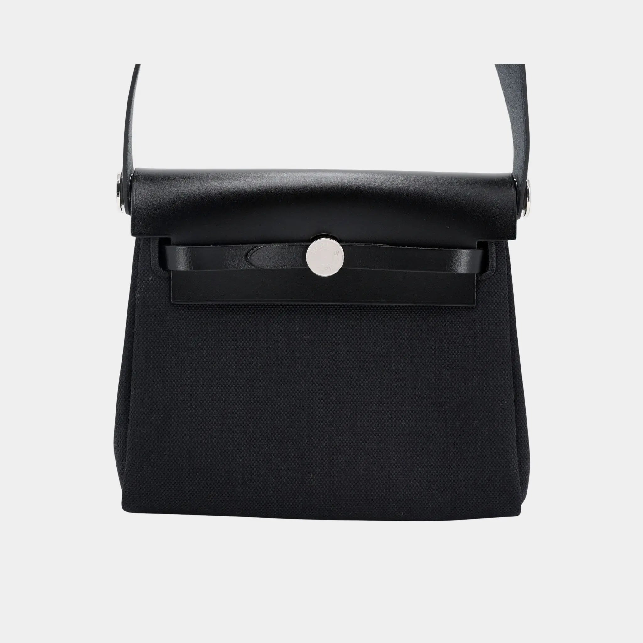 Hermes Herbag Zip Mini Vache Hunter-Canvas Black PHW, Front