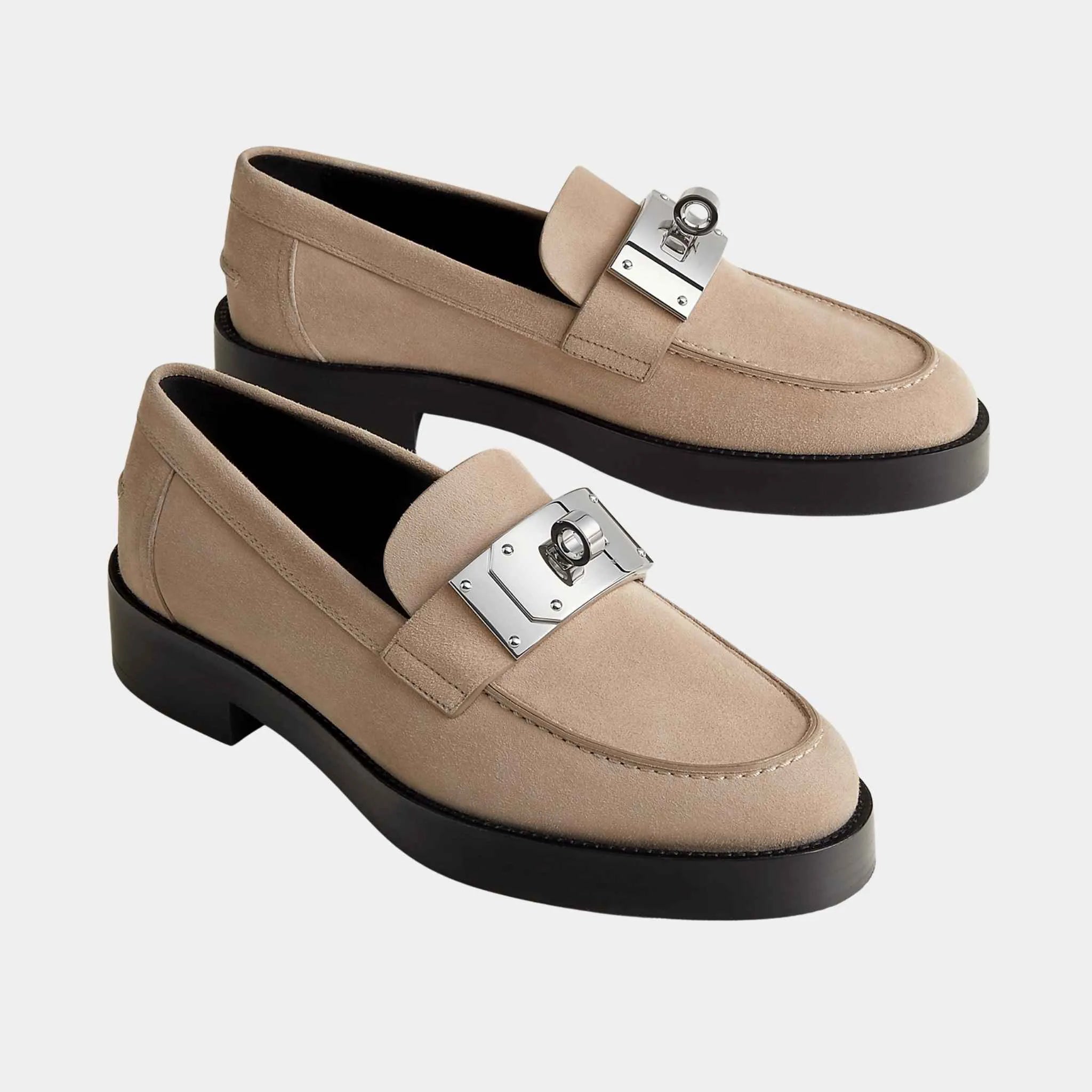 Hermes Hot Loafers in Suede Goatskin, Beige Camel, Front