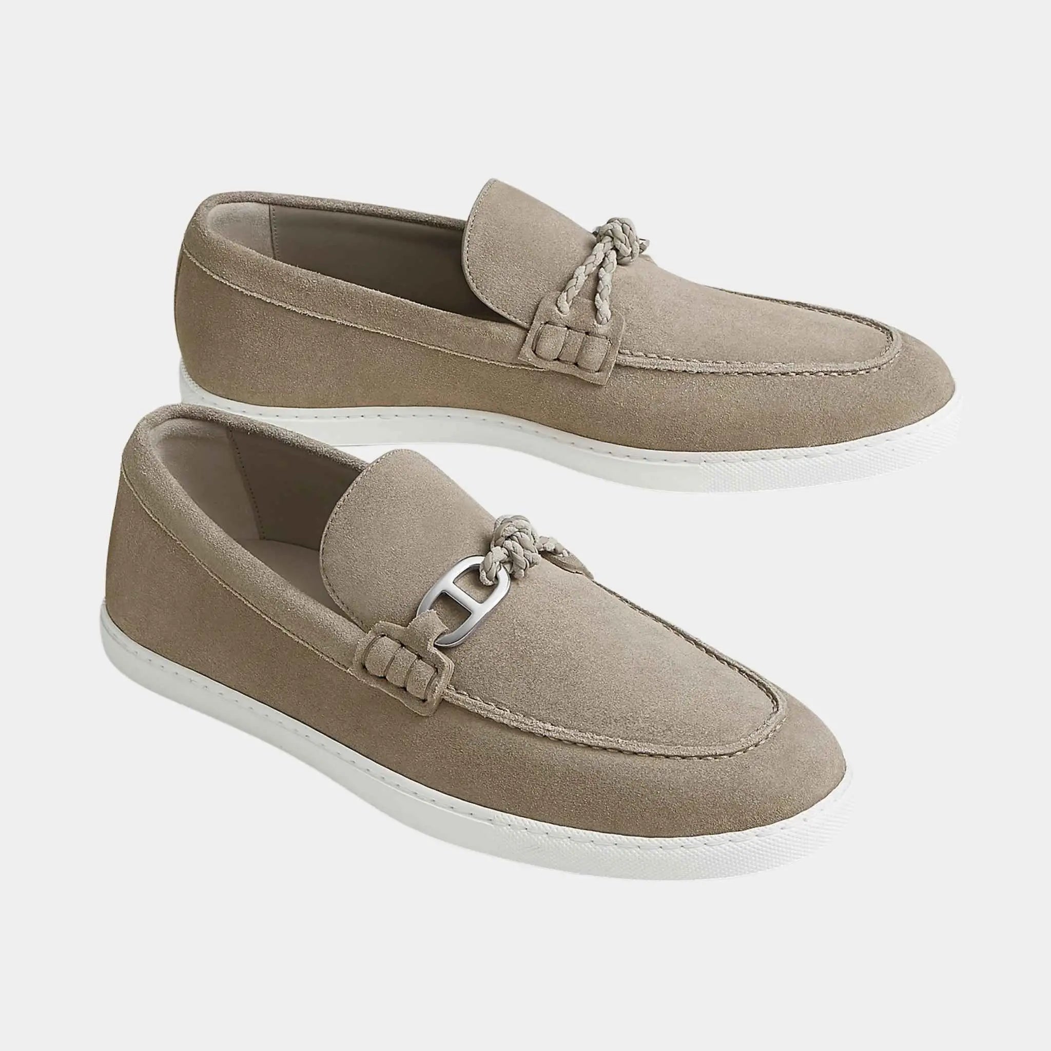 Hermes Ignacio Loafers in Suede Calfskin, Beige Galet, Front