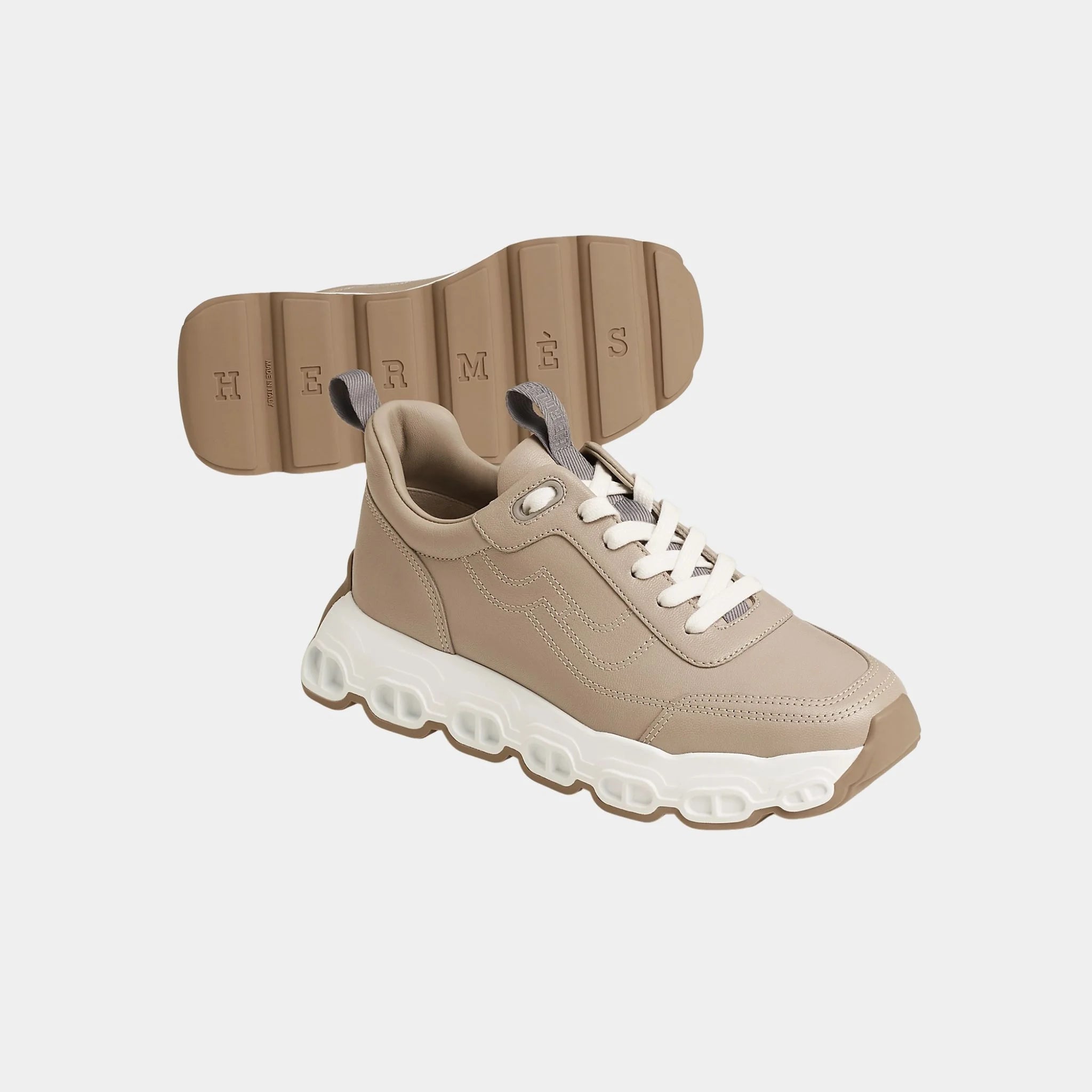 Hermes Impulse Sneakers in Sporty Goatskin, Beige Galet, Front