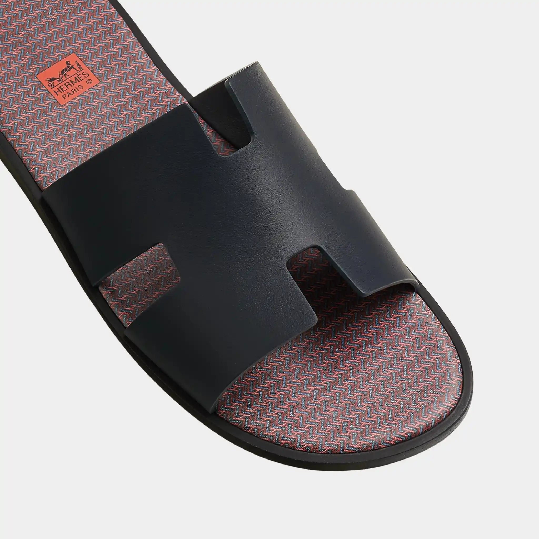 Hermes Izmir Sandals in Calfskin with H in Shadow Pattern, Marine, Top