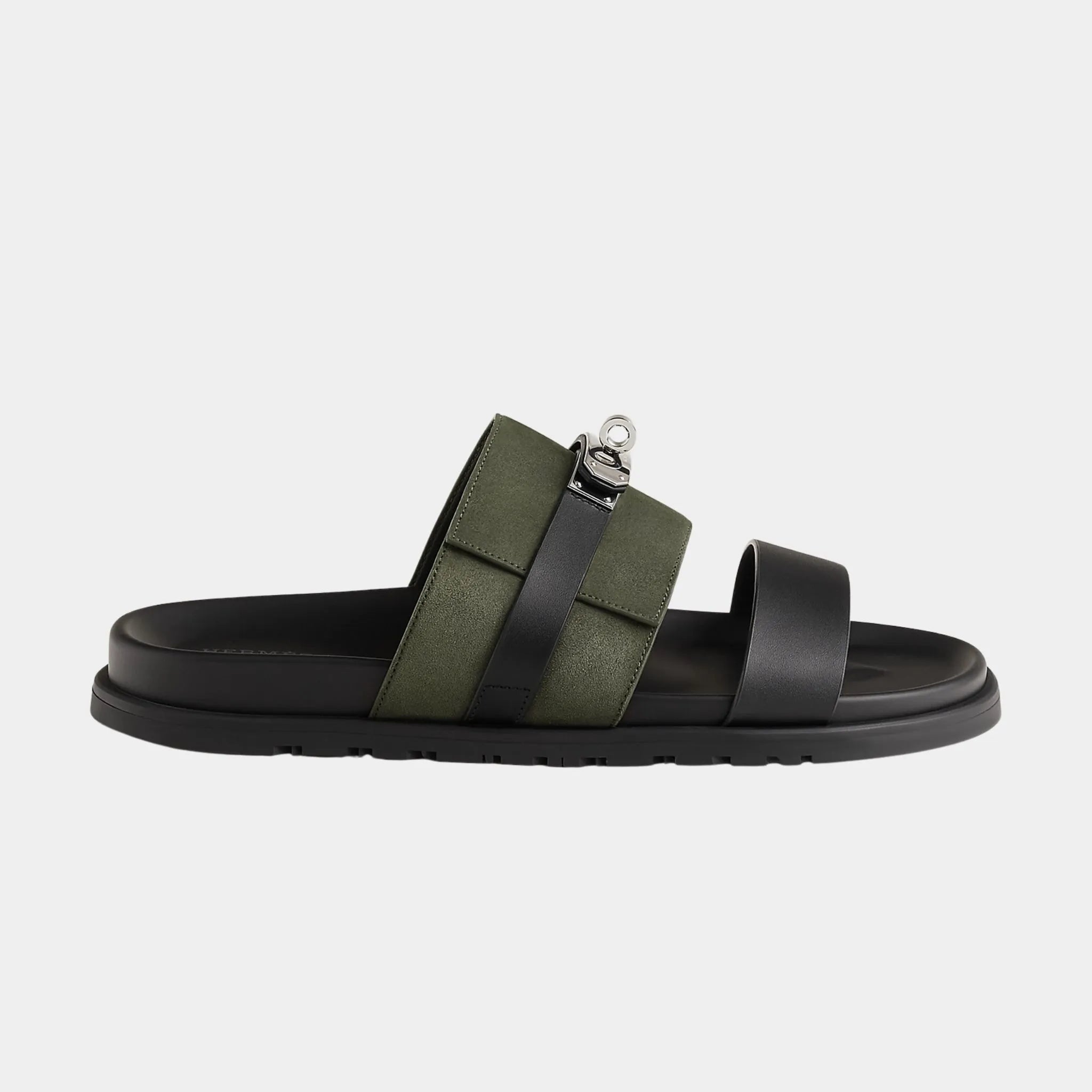Hermes Jackson Sandal in Calfskin and Suede, Vert Foret, Side