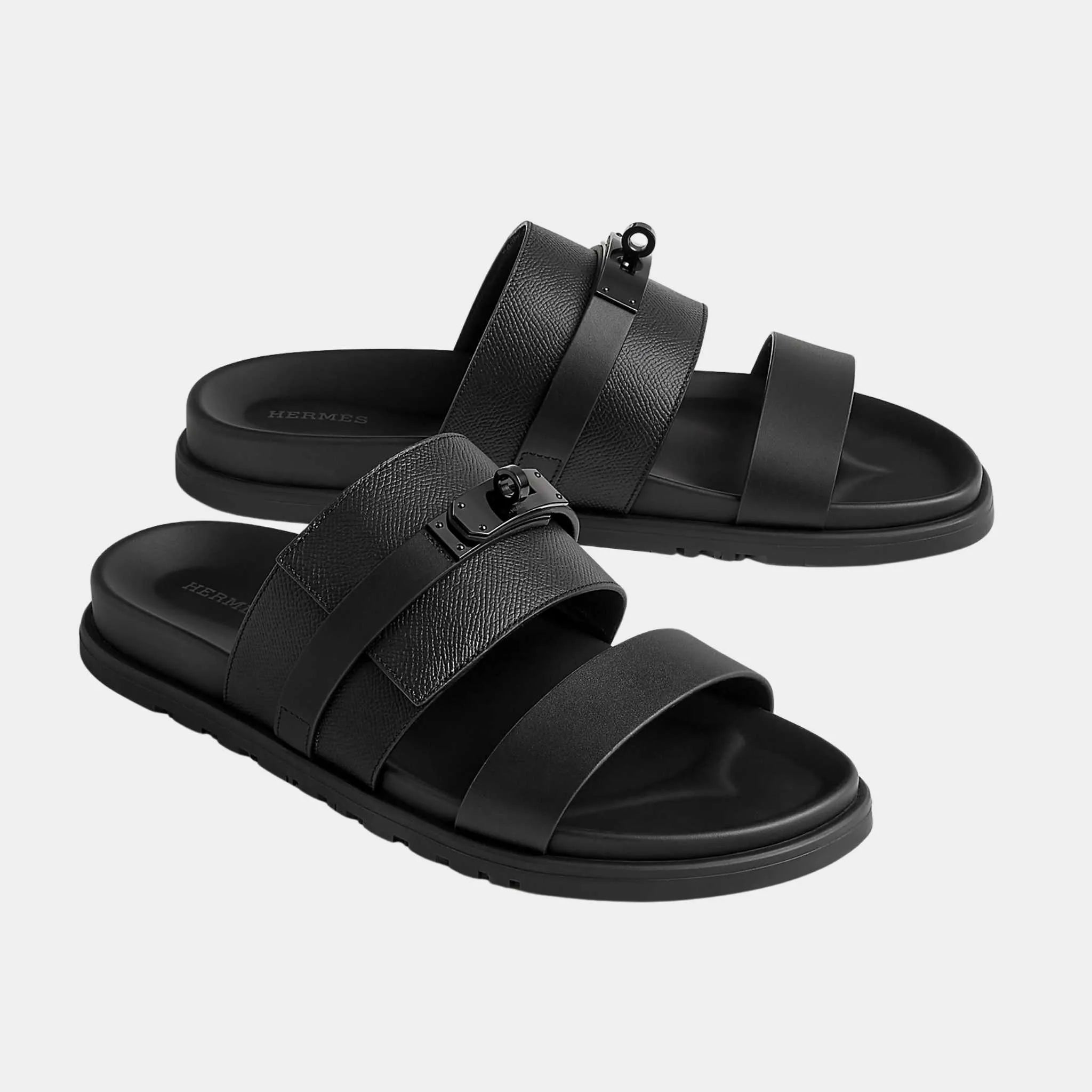 Hermes Jackson Sandal in Epsom Calfskin and Calfskin, Noir, Front