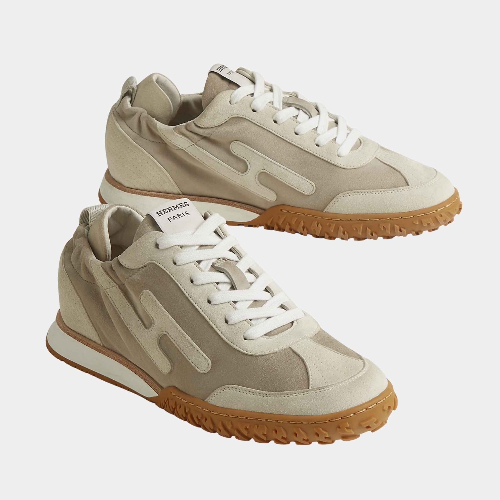 Hermes Jet Sneaker in Suede Goatskin, Rose Antique, Beige Esquisse, Glaise, Front