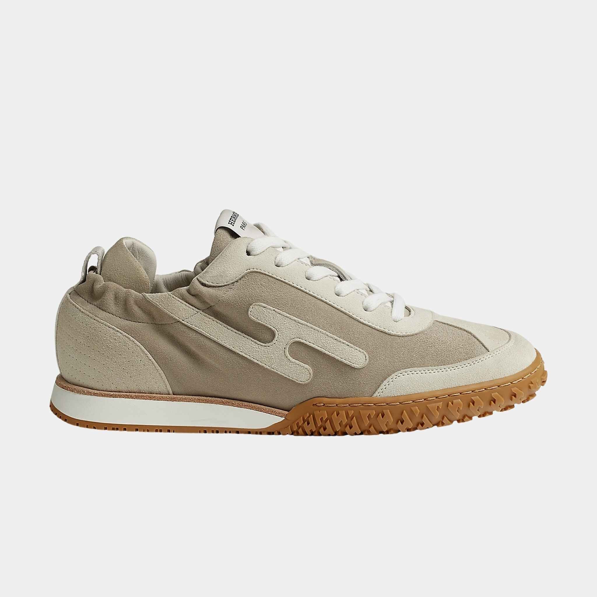 Hermes Jet Sneaker in Suede Goatskin, Rose Antique, Beige Esquisse, Glaise, Side
