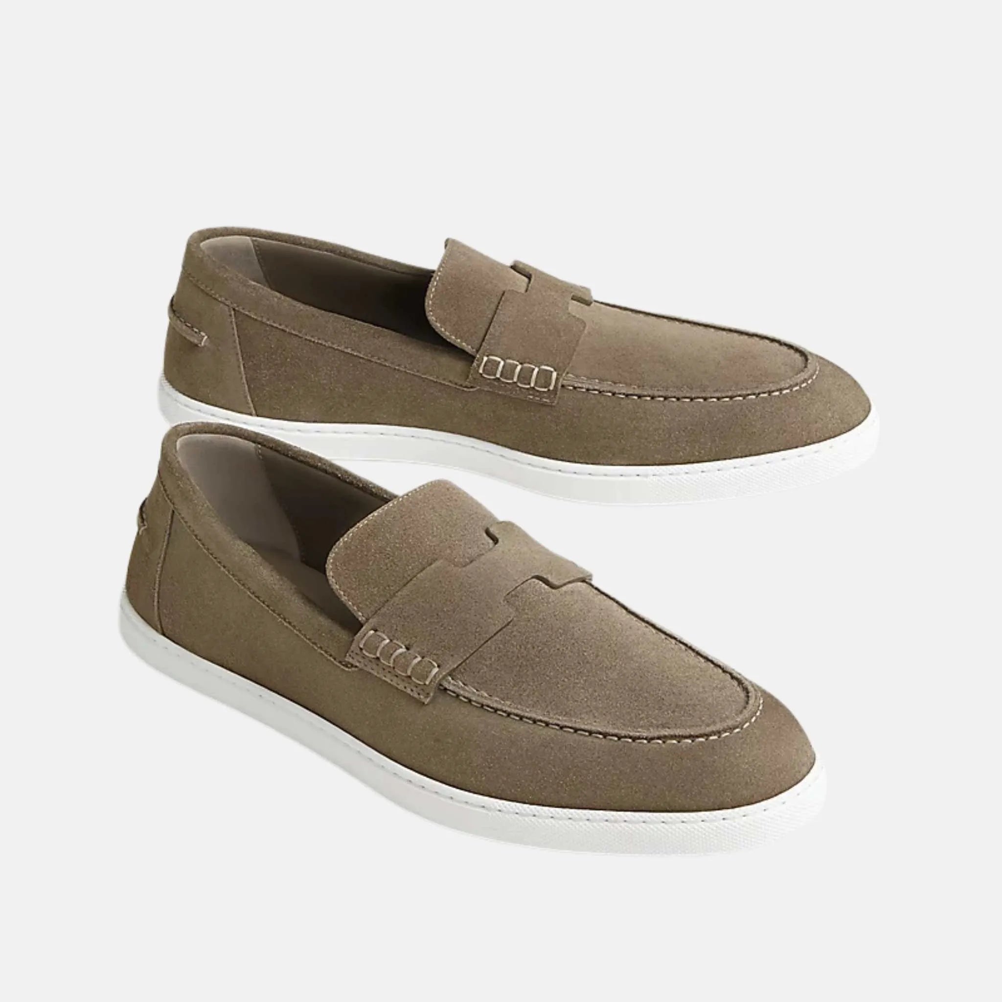 Hermes Job Loafer Suede Calfskin, Etoupe, Side & Front