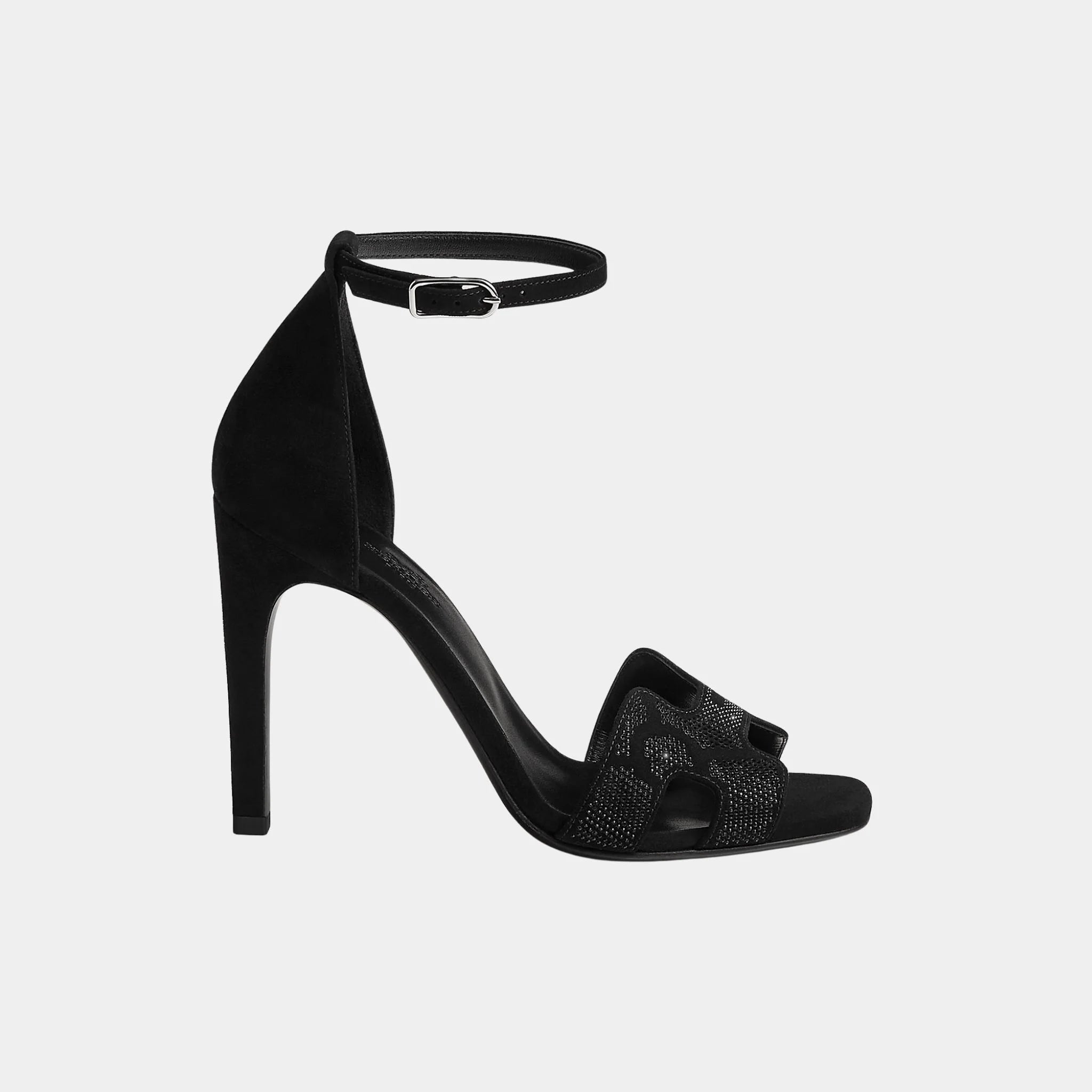 Hermes Joy 105 Heeled Sandals in Suede Goatskin with Rhinestone, Noir, Side