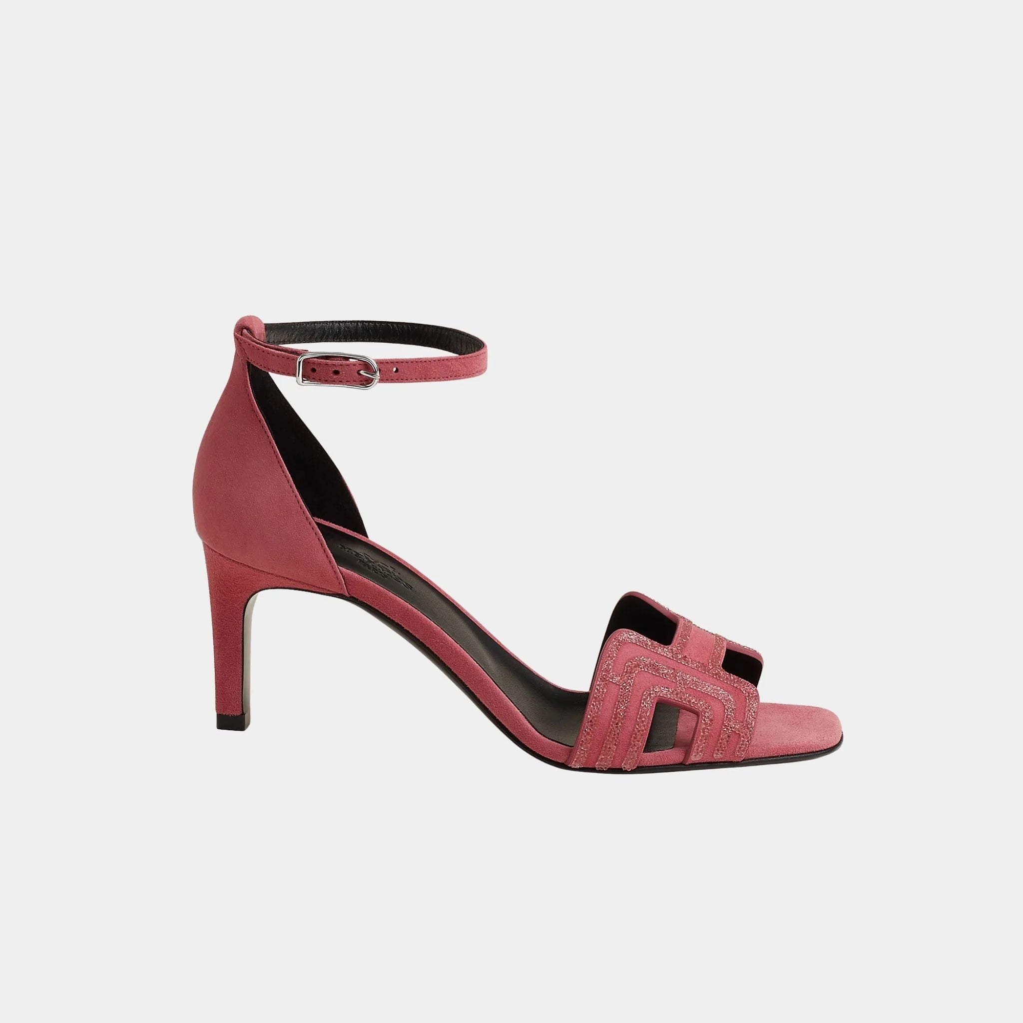 Hermes Joy 70 Heelede Sandal in Suede with Arcane Motif, Rose Amarante, Side