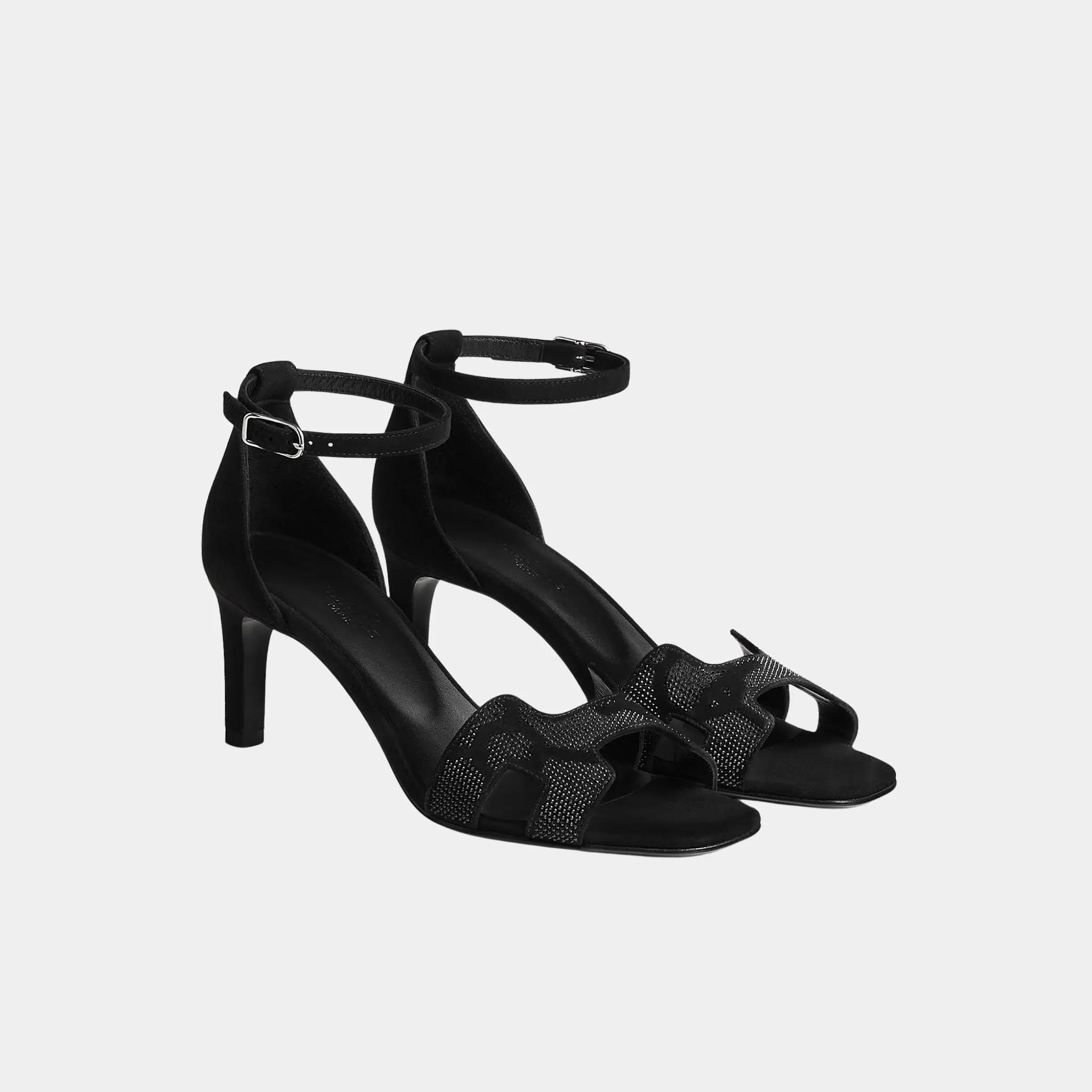 Hermes Joy 70 Heeled Sandals Suede Goatskin with Rhinestones, Noir, Front